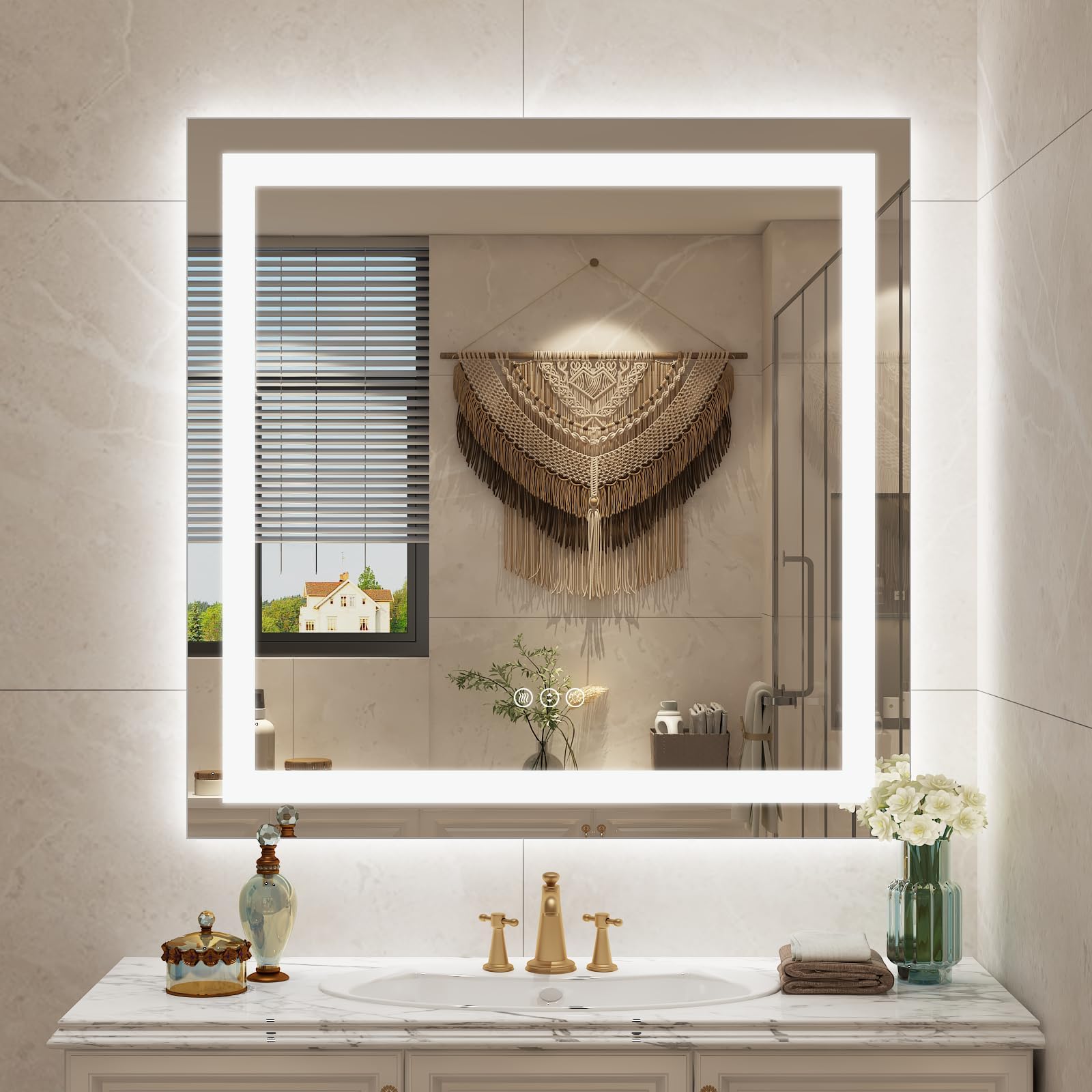 - 30 x 30 Lighted LED Bathroom Mirror for Wall, Square Vanity Mirror with Lights, Dimmable, Anti-Fog, Shatter-Proof, Memory, ETL Listed (Front Lights + Backlit)
