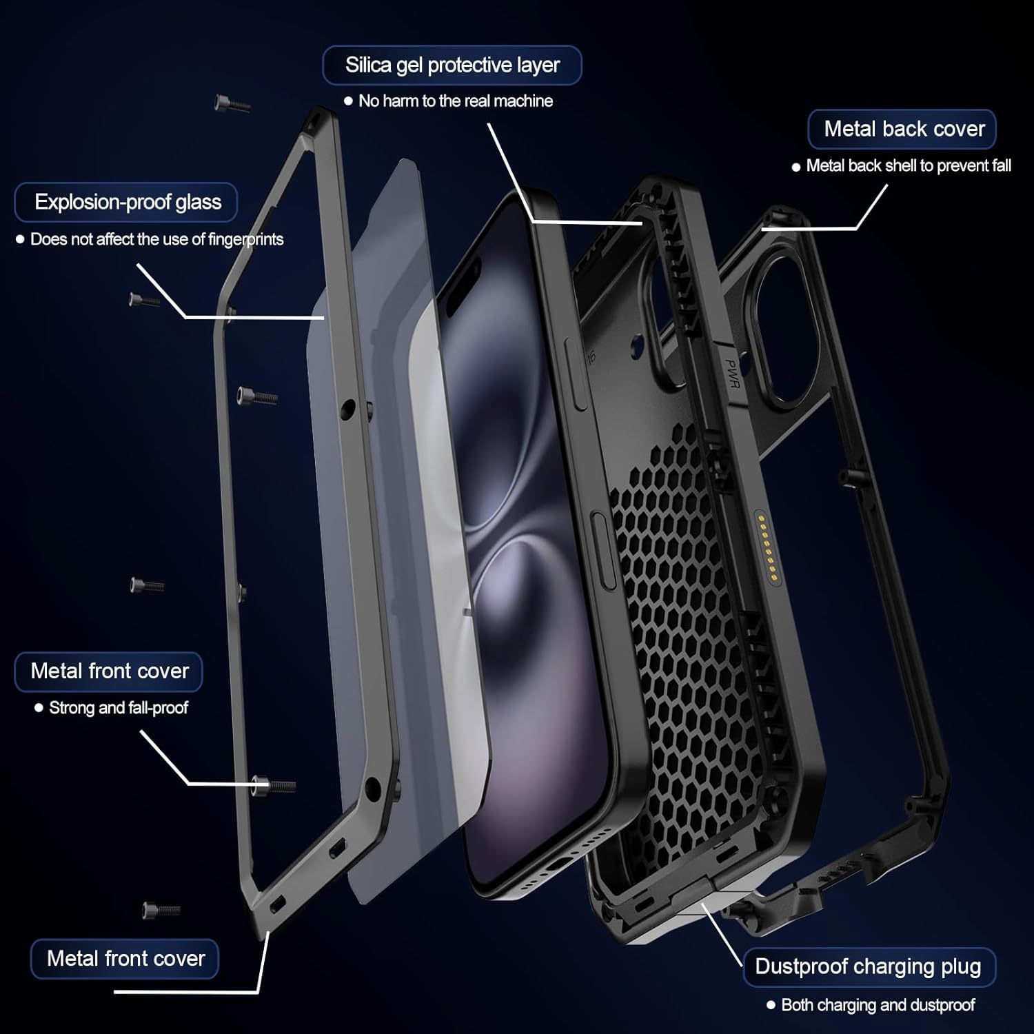 Marrkey for iPhone 16 Pro Metal Case 6.3",Heavy Duty Shockproof Aluminum Alloy Tough Armour Military Phone Case,360 Full Body Protective Cover with Silicone Built-in Screen Protector - Black - Image 9