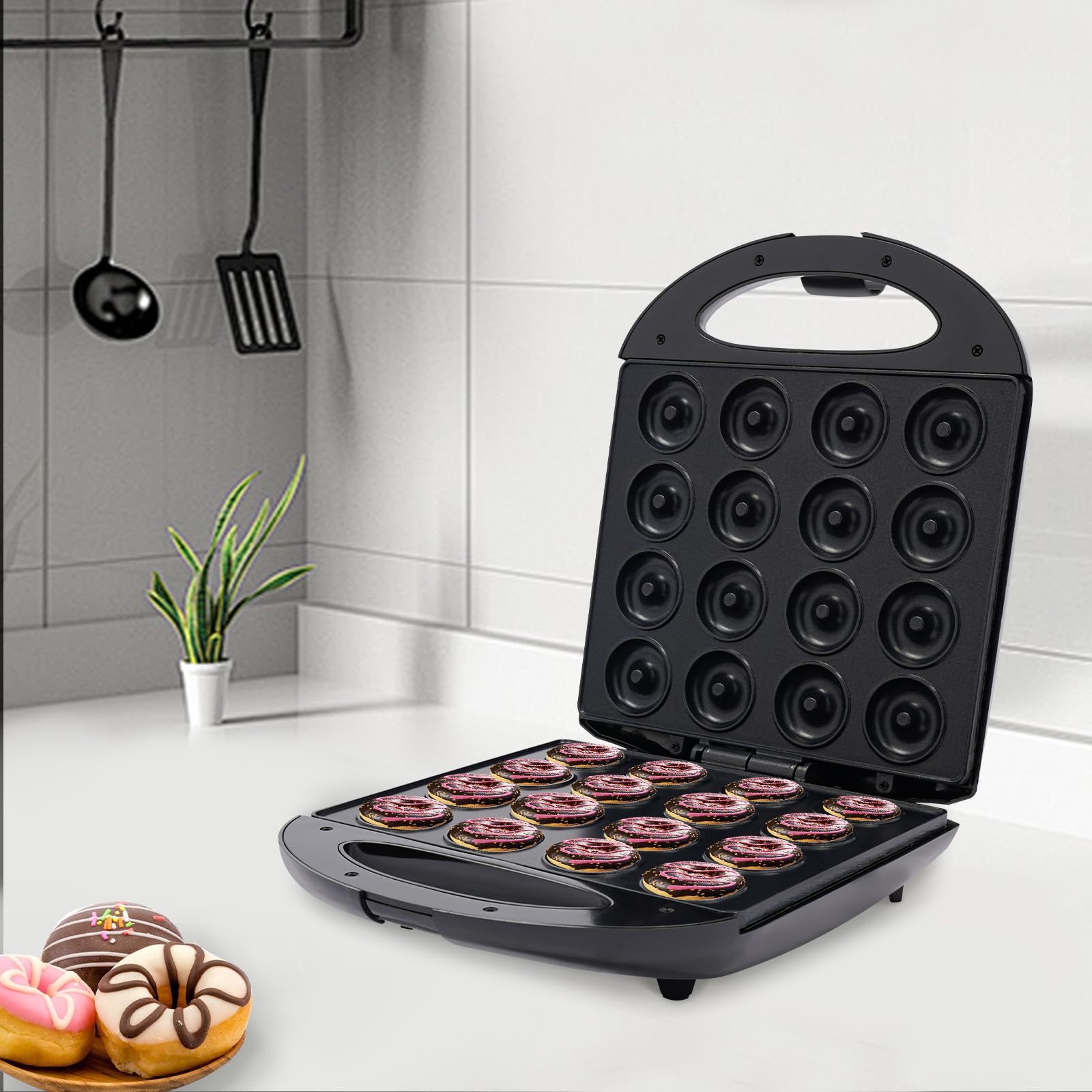 Appareil à Donuts 1400W Diamètre du Donut 4.5cm Mini-machine à Donuts pour 16 petits Donuts Revêtement Antiadhésif pour Maisons, Boulangeries, Magasins de Desserts, Restaurants