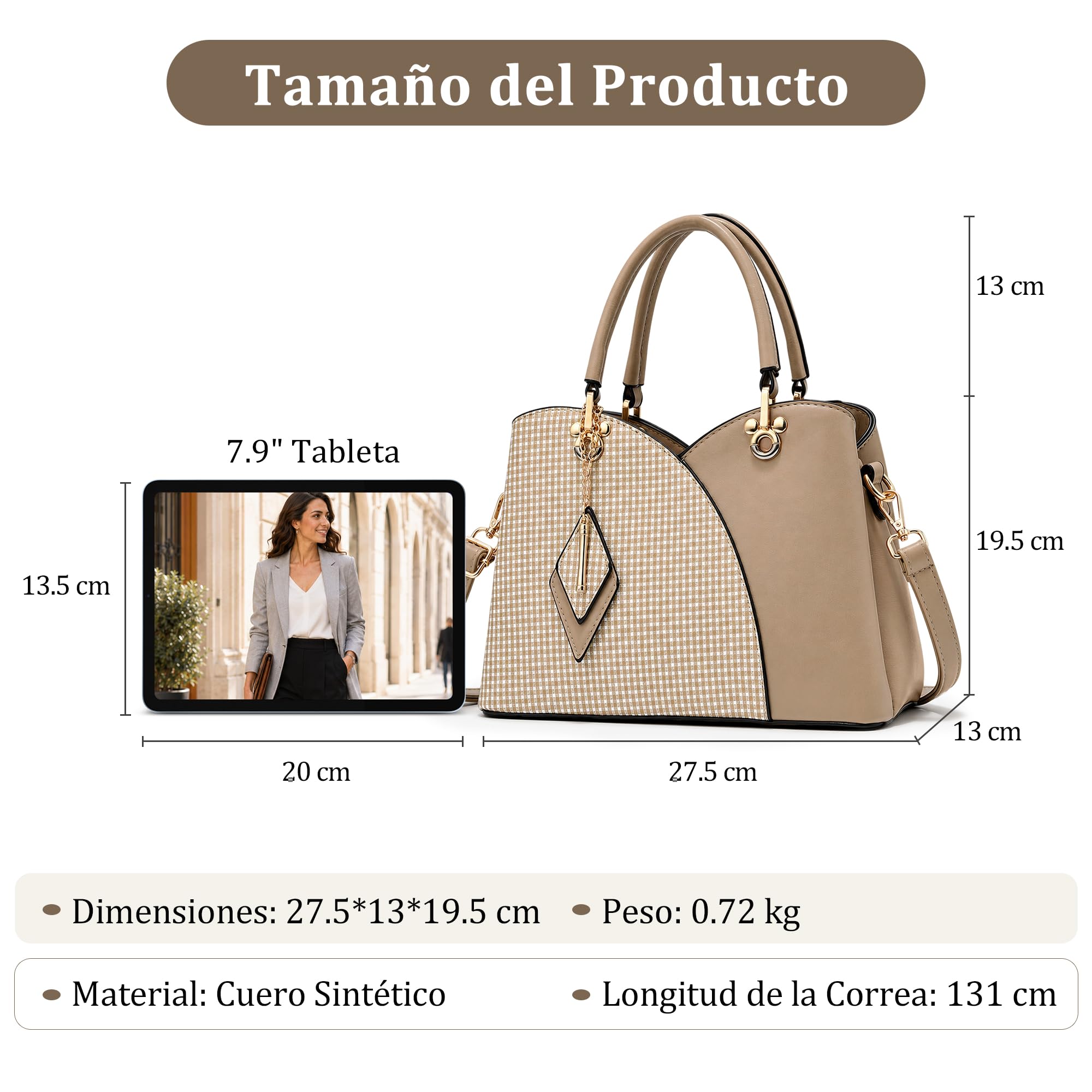 Bolso de Mano Mujer Moda Cuadros Bolso Bandolera PU Cuero Bolso Señoras Tote Elegante Bolsa de Hombro con Colgante Rombo para Trabajo Fiesta Marrón
