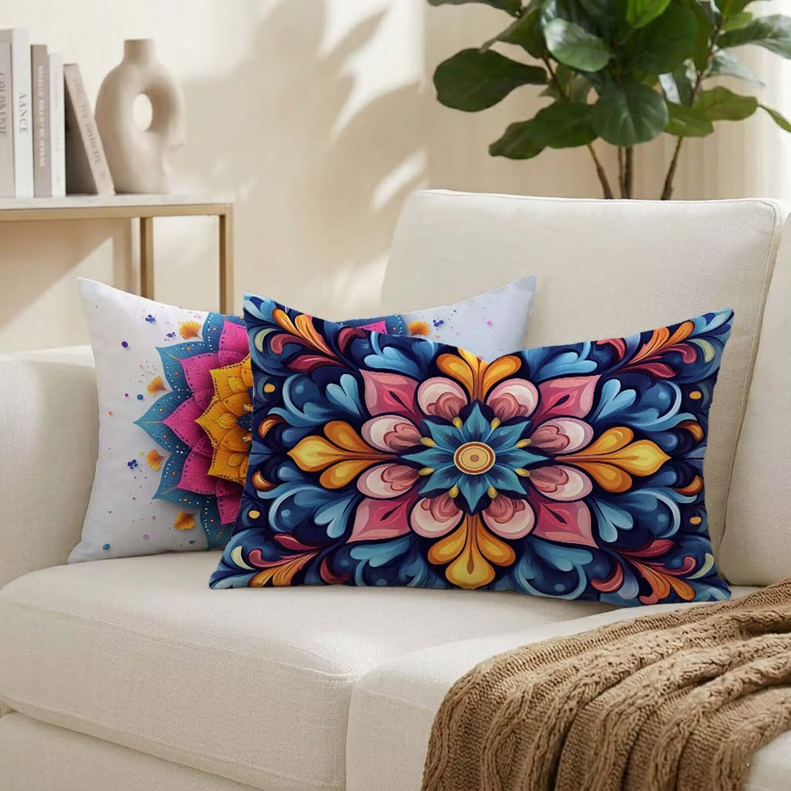Housse coussin exterieur rectangulaire 50x80 cm imperméable lot de 2 velours motif mandala K-3344