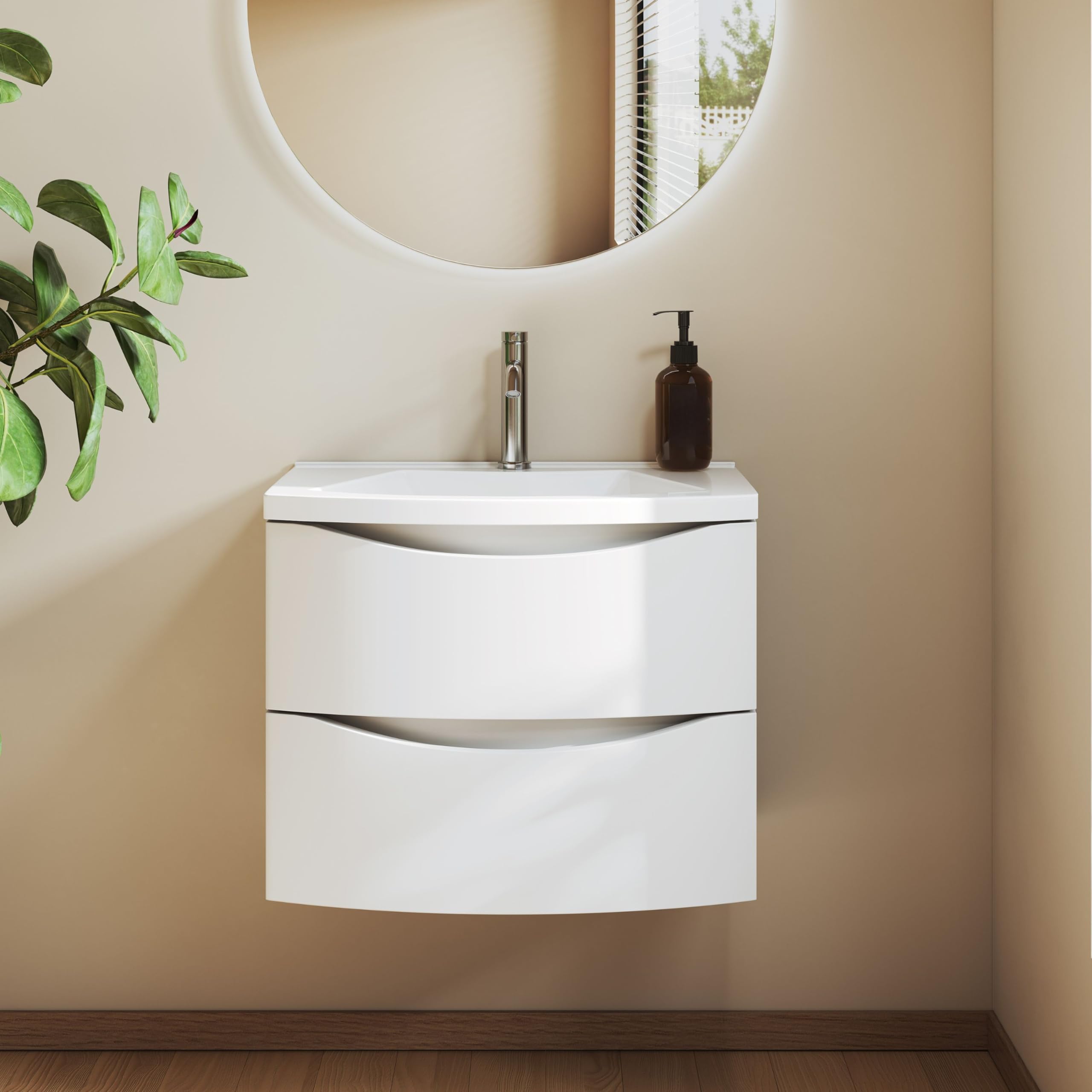Mueble de Baño 60 cm con Lavabo de Fundición Mineral, 2 Cajones Soft-Close, Compacto, Blanco Mate
