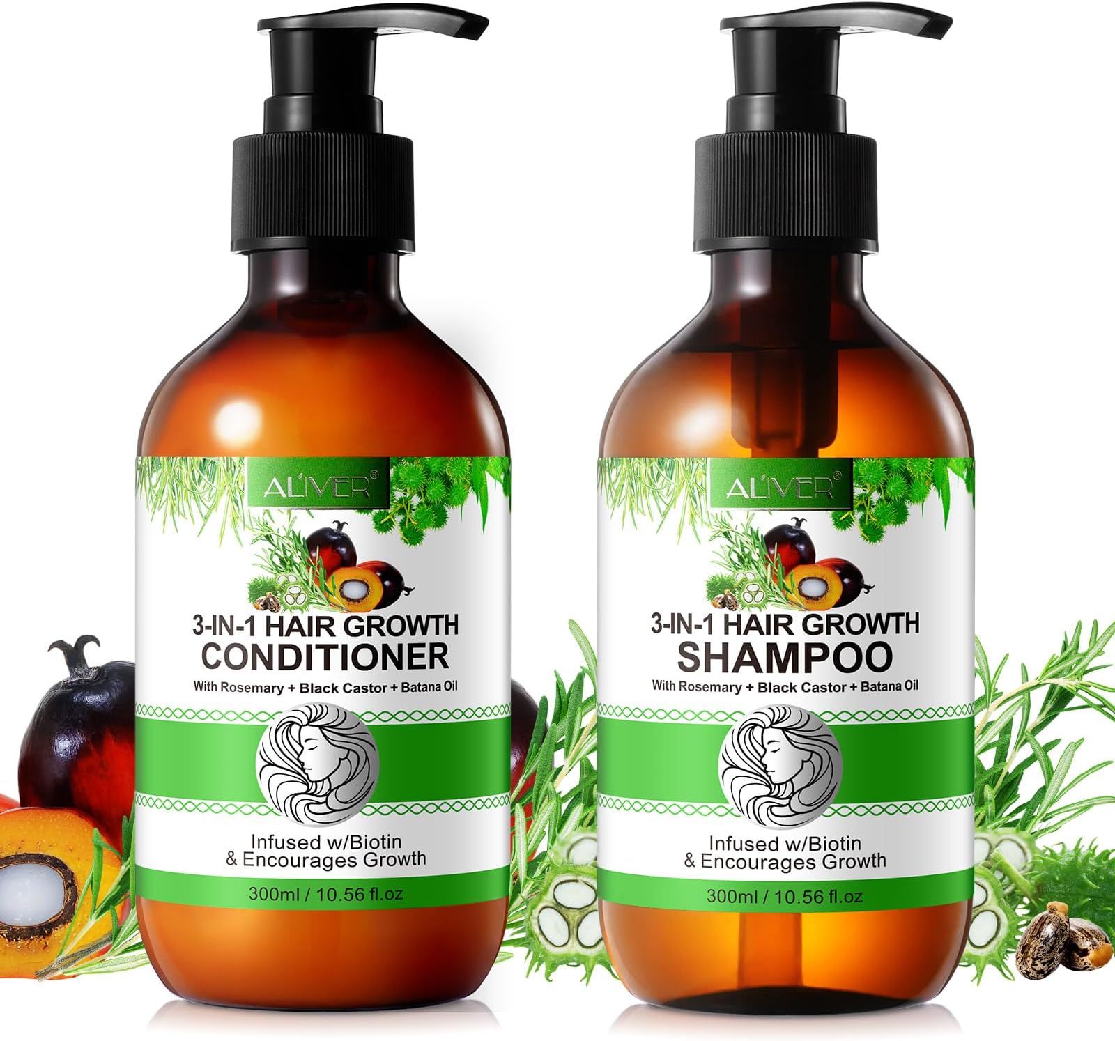 ALIVER 3 in 1 Hair Growth Shampoo and Conditioner Set with Rosemary, Black Ca...