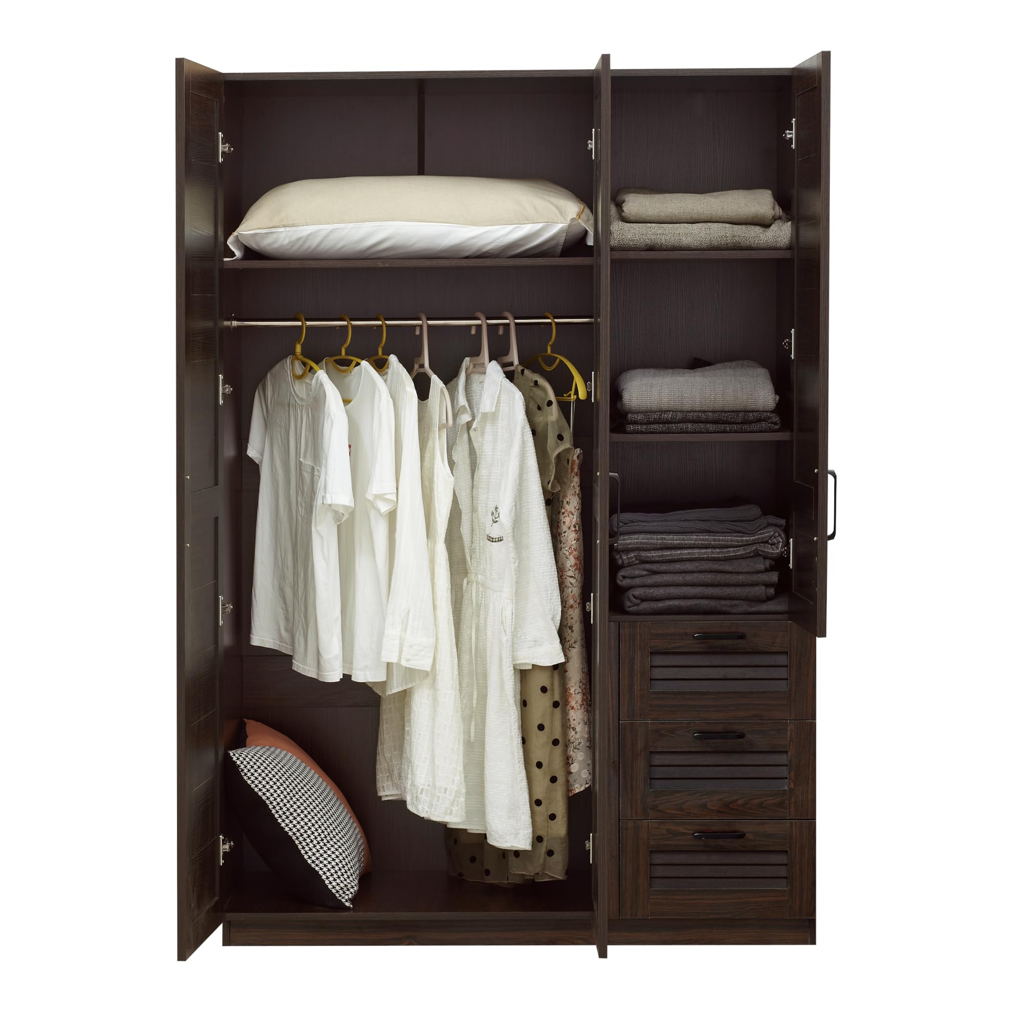 [en.casa] Armoire de Chambre avec Barre de Penderie 4 étagères 3 tiroirs Garde-Robe Placard Meuble de Rangement MDF 176 x 120 x 52 cm Effet Noyer Foncé