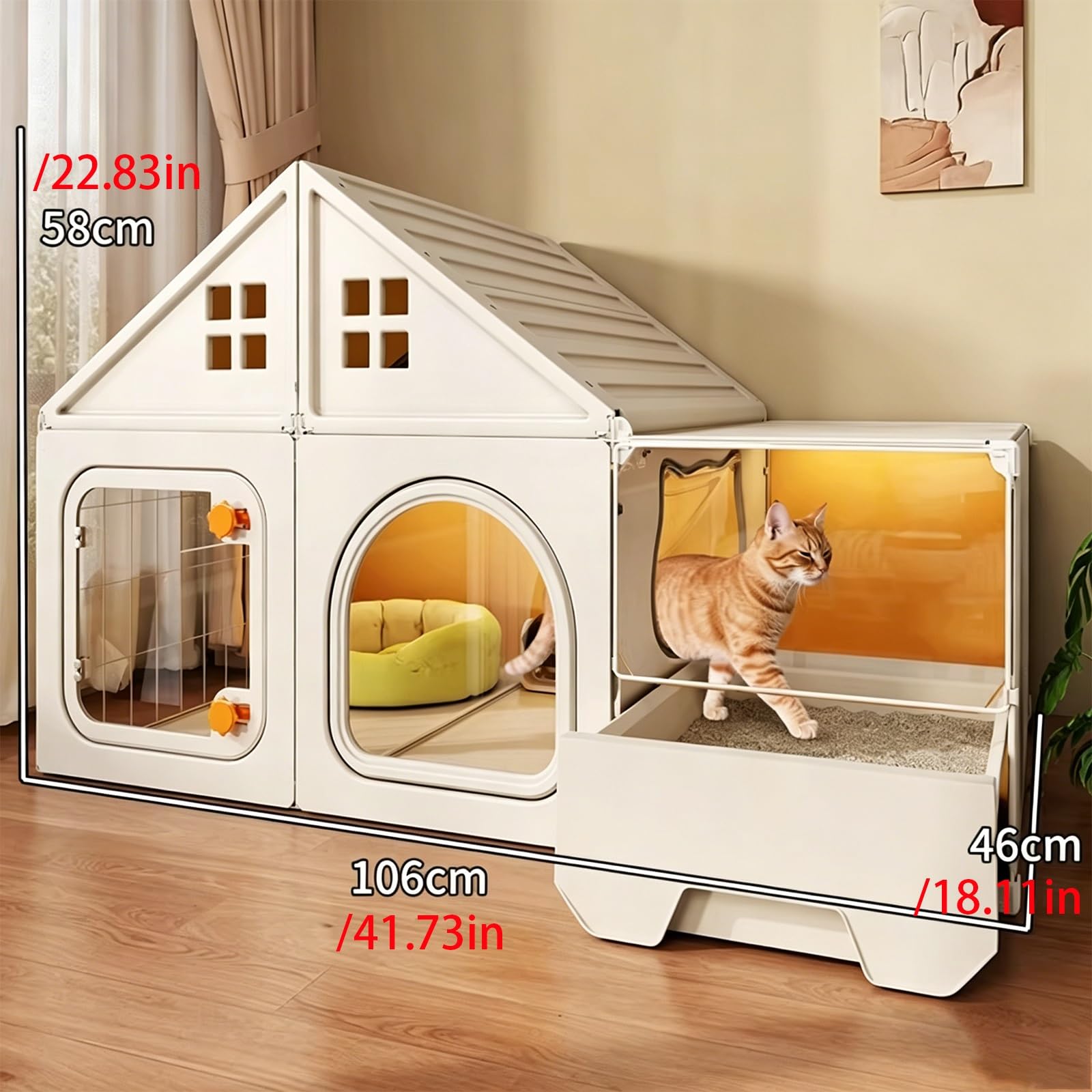 Casetta per Gatti Da Interno con Lettiera Integrata, Spazio Relax e Zona Toilette In Un Unico Ambiente Recinto per Gatti Casetta Da Gioco Per Gatti per Piccoli Appartamenti(White,106x46x58cm)