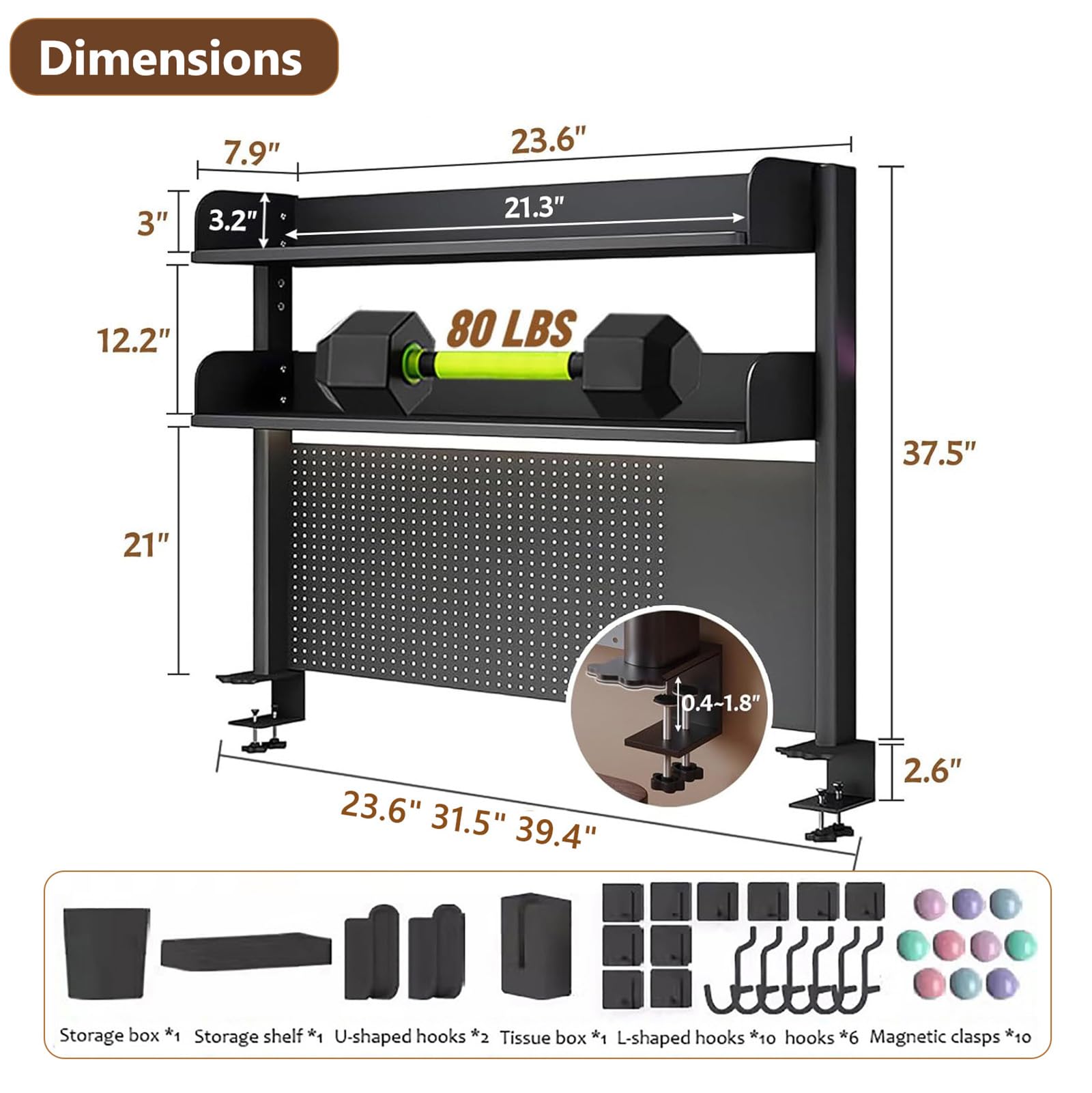 Estante de escritorio con abrazadera con tablero de clavijas, Boohelf multiusos de metal negro para oficina en casa y dormitorio, escritorio para juegos de 23.6 pulgadas Sto Solut