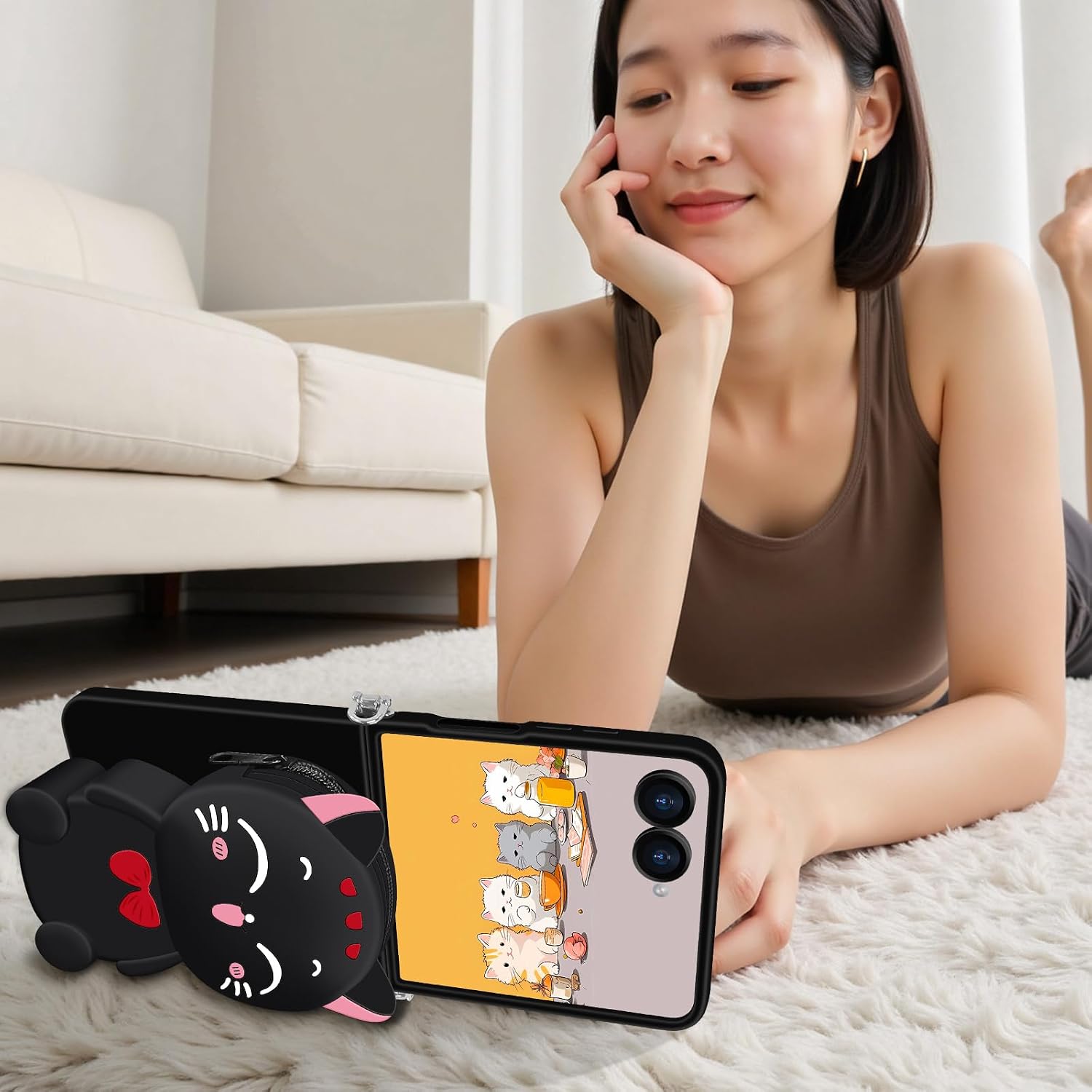 for Samsung Galaxy Z Flip 7 Case, Cute Black Lucky Cat Coin Purse Fancy Phone Case for Women Girls with Crossbody Strap Kawaii Soft Silicone Cover for Galaxy Z Flip 7