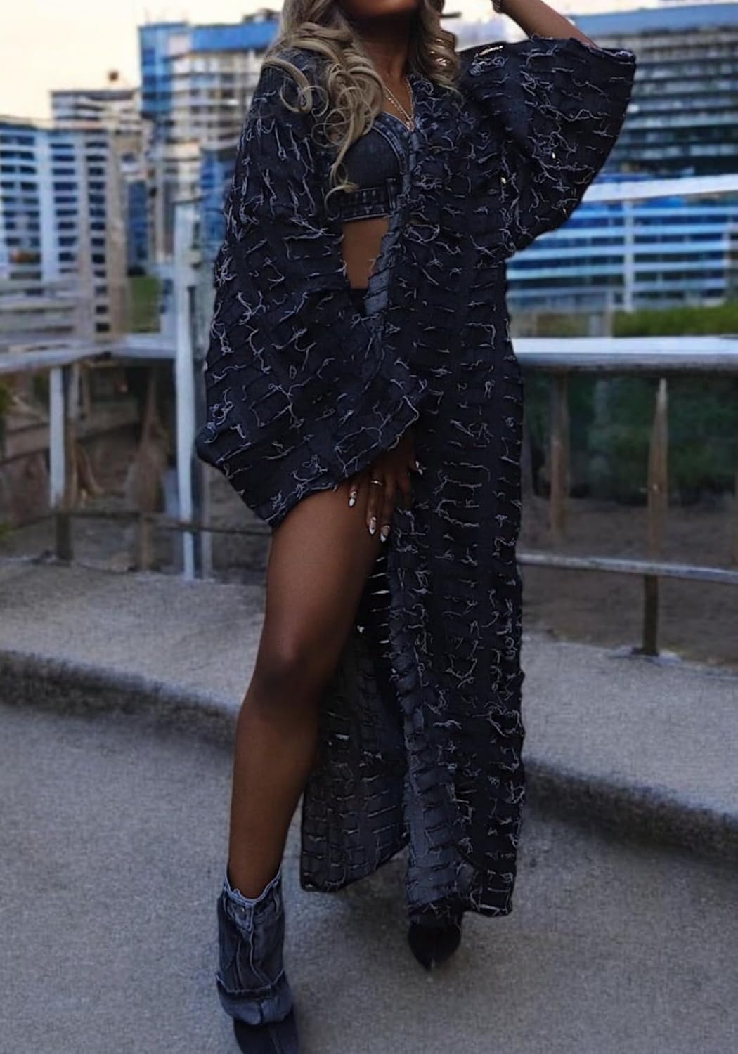 Women Distressed Maxi Denim Duster Cardigan Ripped Lightweight Long Sleeve Hollow Out Open Front Long Jean Jacket