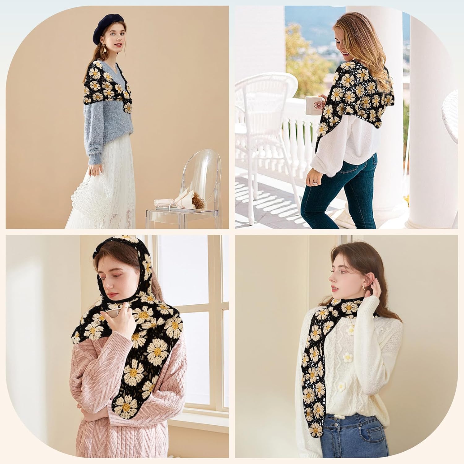 Noocro Crochet Kit for Intermediate or Advanced Levels, Complete Craft Kit for a Floral Daisy Shawl with Step by Step Video Tutorials Detailed Instructions, Perfect Holiday Gift or DIY Project (Black)