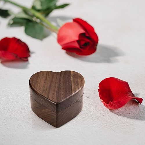 Miniatura 7 de Yoption Caja de anillos de madera, hecha a mano de madera de nogal con forma de corazón, caja de anillos para ceremonia de boda, aniversario,