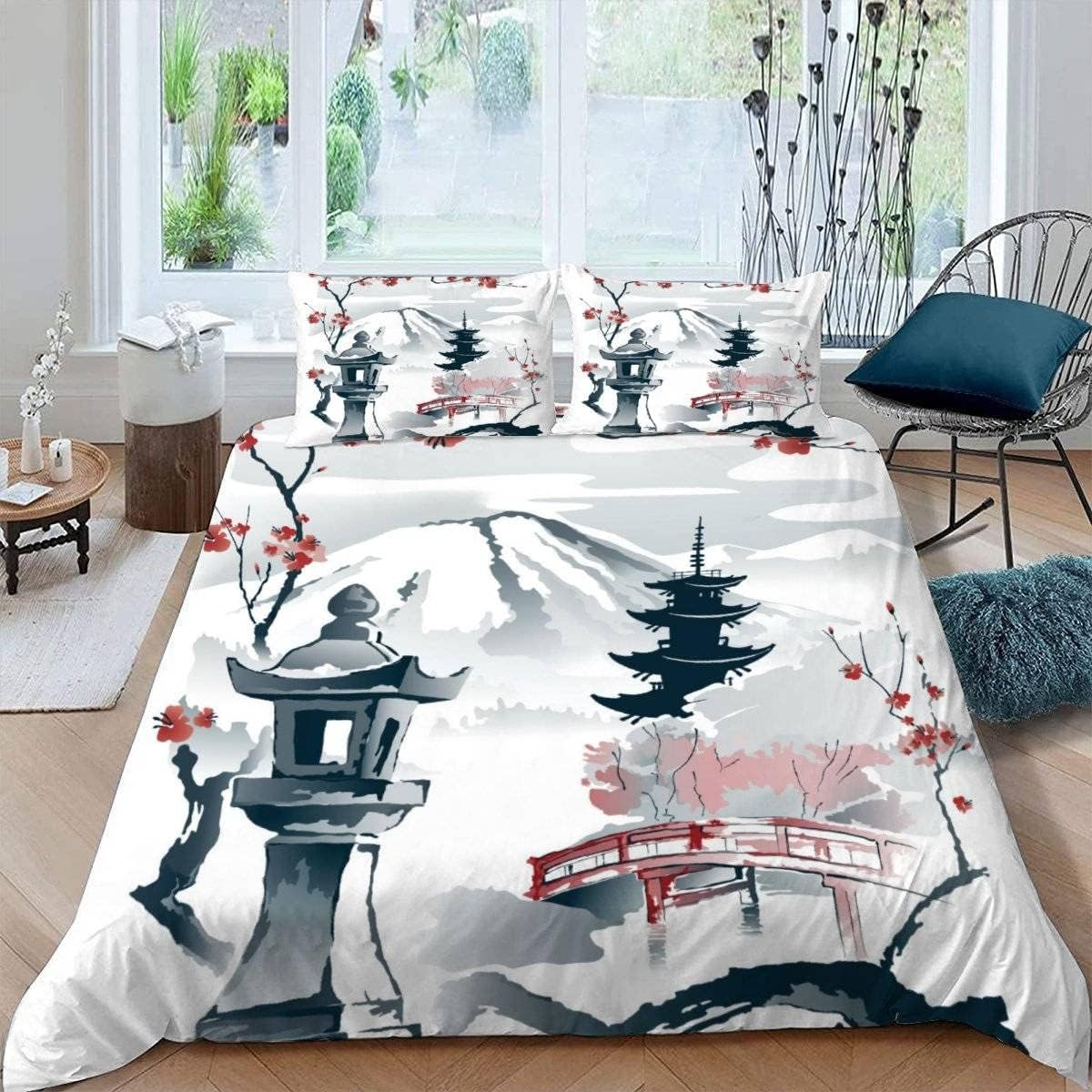 MEVASA Japanese Art Bedding Double Bed Set Microfiber Teenager Bedding Japanese Style 3D Bedding Set for Small Double 3Pcs Anti Allergic Double Duvet Cover Set with Zipper /200x200