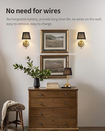 KDG Cordless Gold Wall Sconces Set of 2, Black Fabric Lampshde Wall Lamps