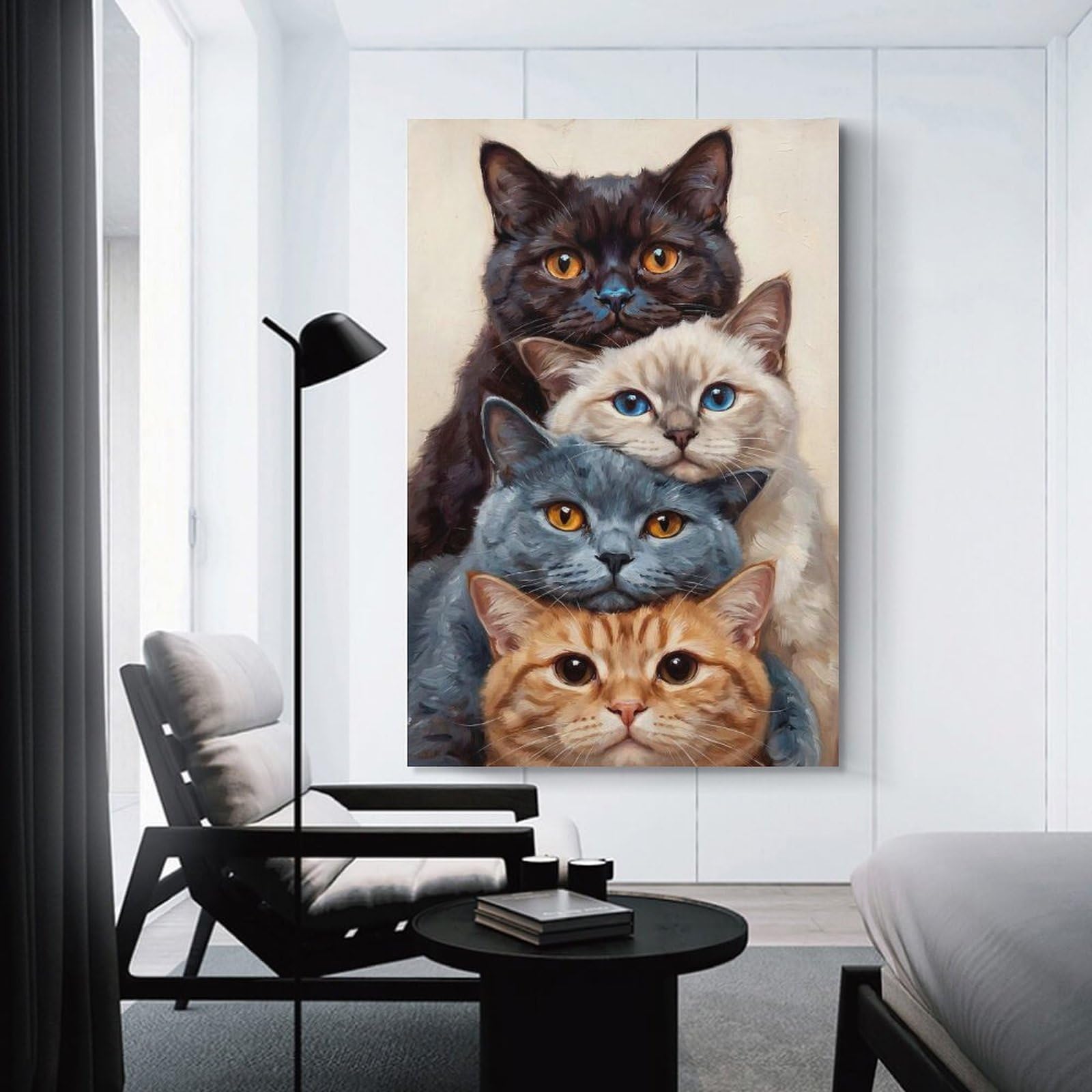 Junmoney Unframe-Style-4 Stacked Cats Portrait Wall Decor Canvas Print, 16X24inch(40X60cm), For Wall Displays, Bedrooms Or Room Updates, Wall Decor Suited To Curated Displays