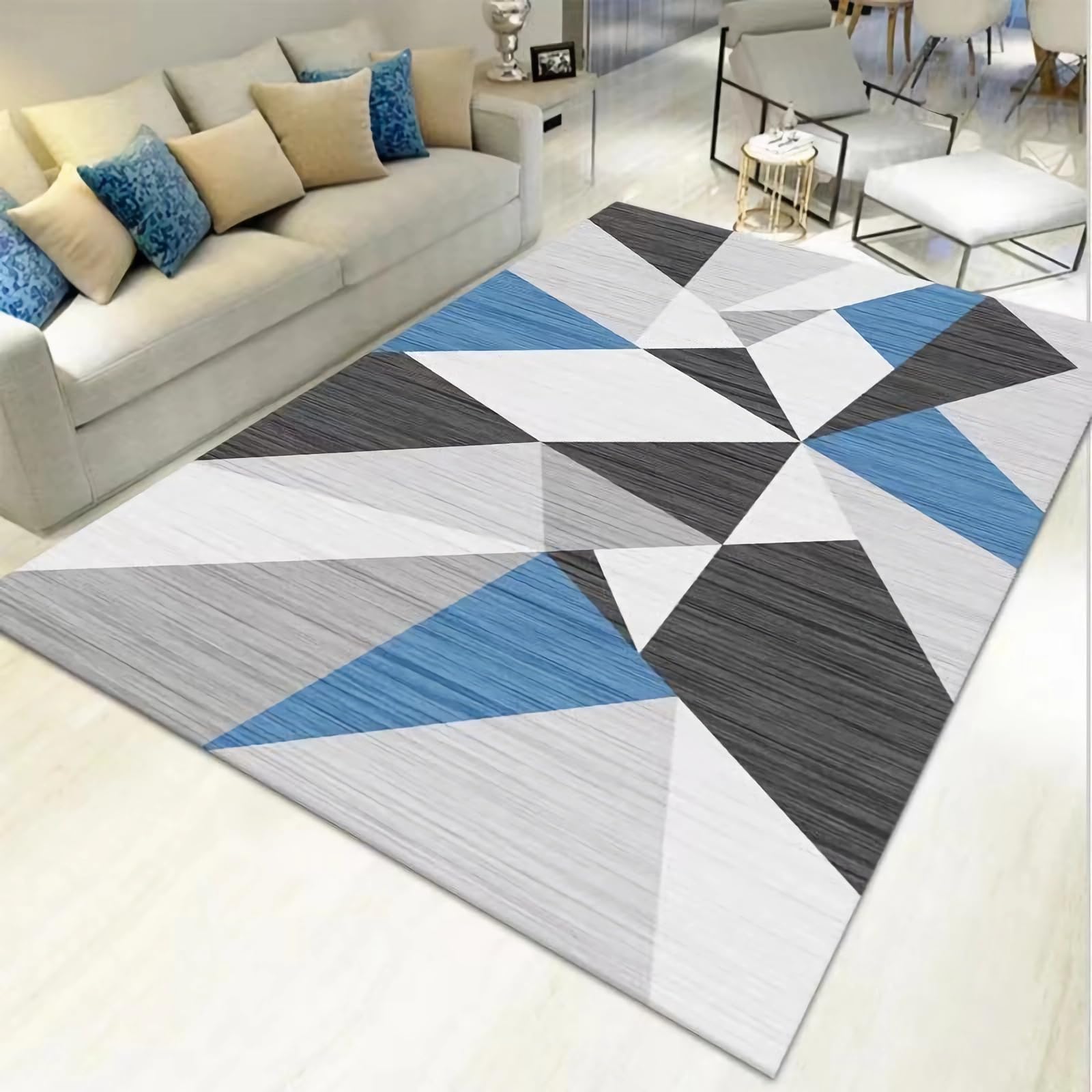 Nowoczesne dywany do salonu, zmywalny antypoślizgowy geometryczny wzór szary czarny niebieski dywan do salonu dywany do pokoju dziecięcego, 80 x 160 cm