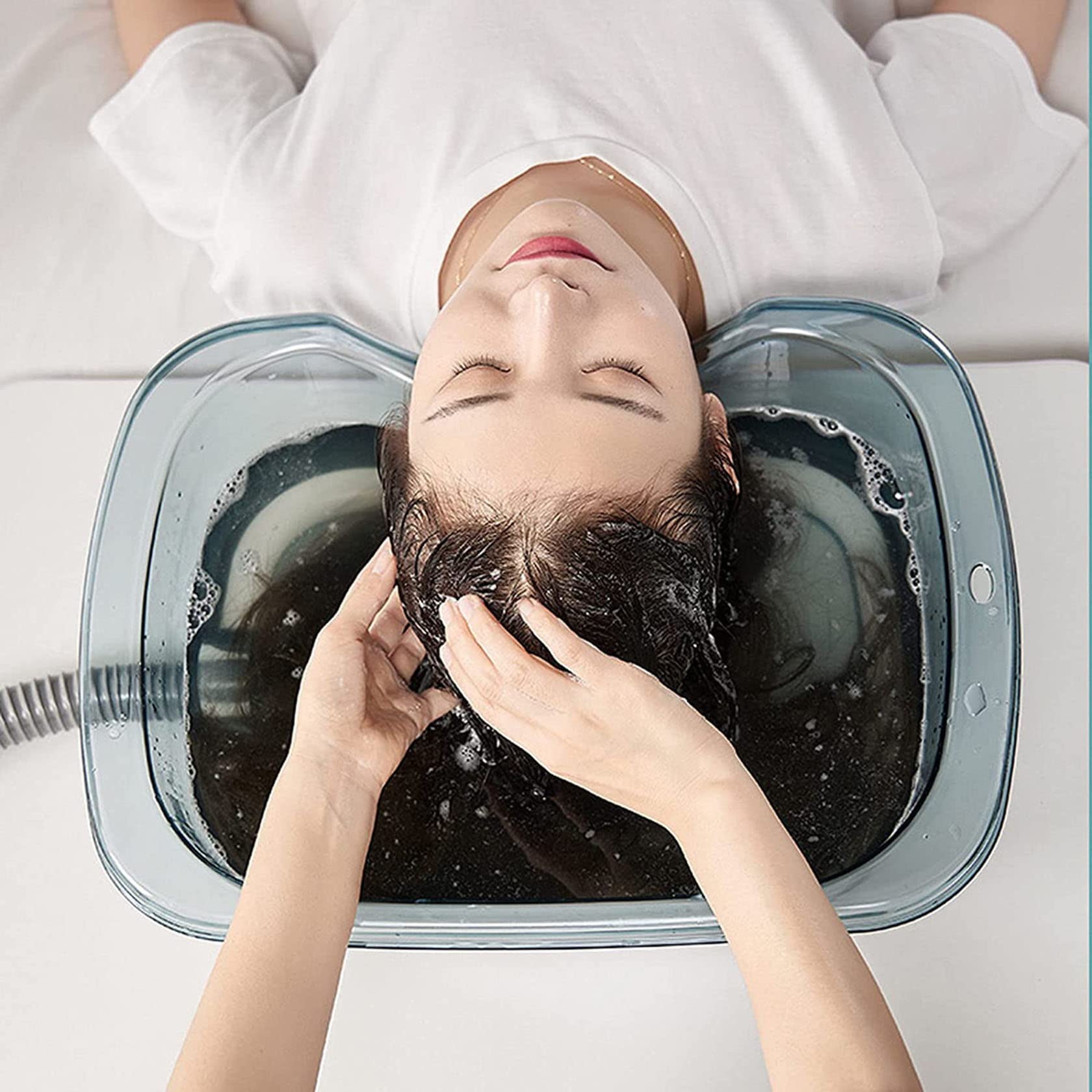 Shampoo-Becken, Tragbares Haarwaschbecken mit Kopfkissen und Nachziehbarem Schlauch, Shampoo-Becken für Das Bett,Blue