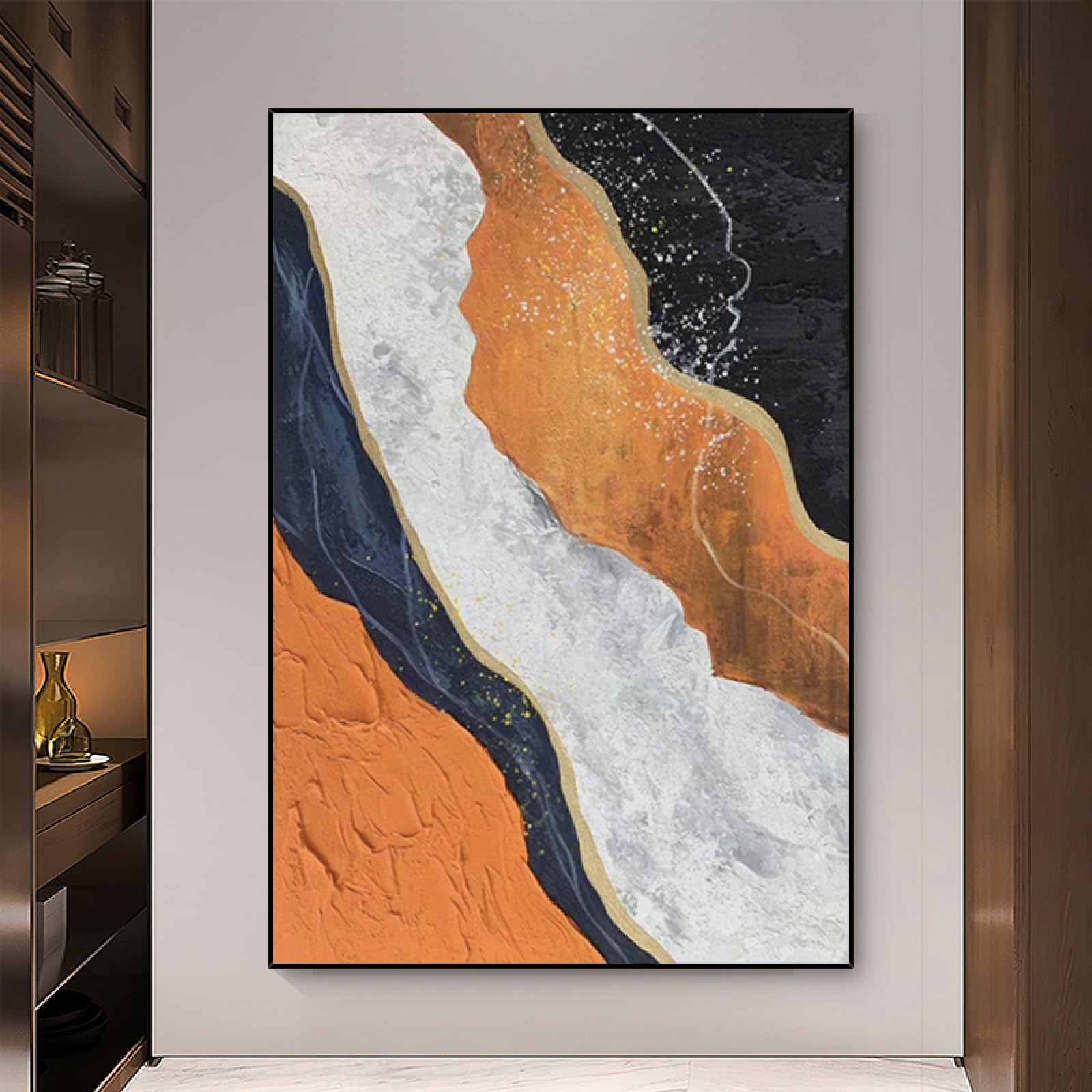 Tableau rivière orange texturé et brillant peint à la main sur grande toile