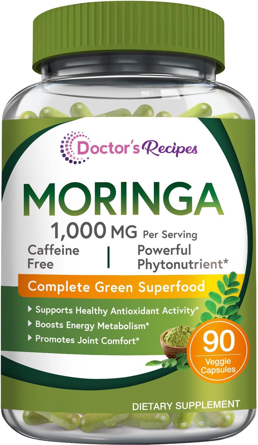 Doctor's Recipes Organic Moringa 10,800 mg Strength, Pure & Wild Harvested, Complete Green Superfood, Natural Antioxidant Support, Non-GMO, 90 Vegan Caps, No Caffeine Soy Gluten