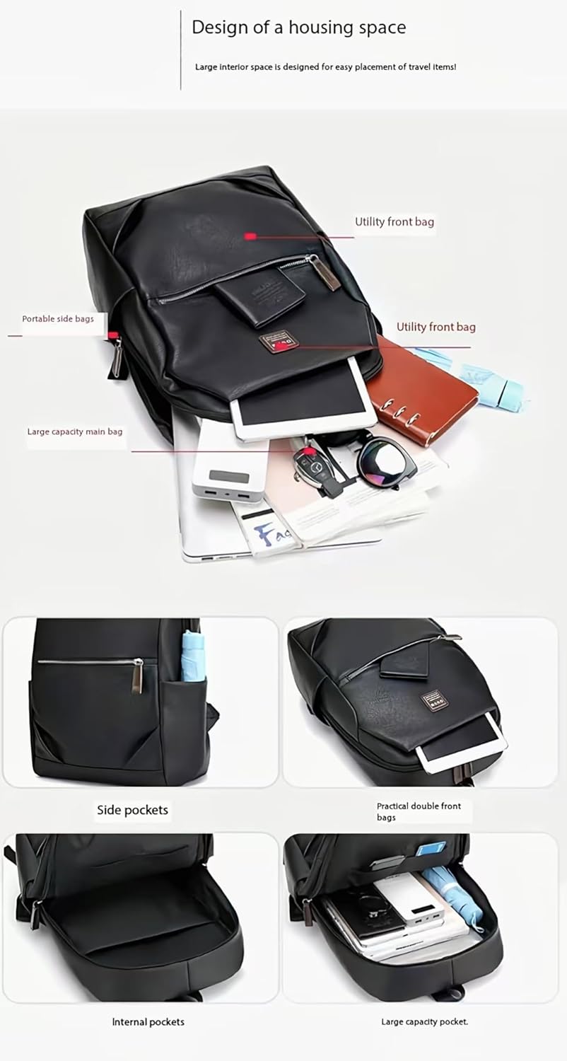 Business Men and Women PU Leather Backpack 15.6inch Laptop Waterproof Backpack Travel Commuter Lightweight schoolbag (Black backpack6,Large)