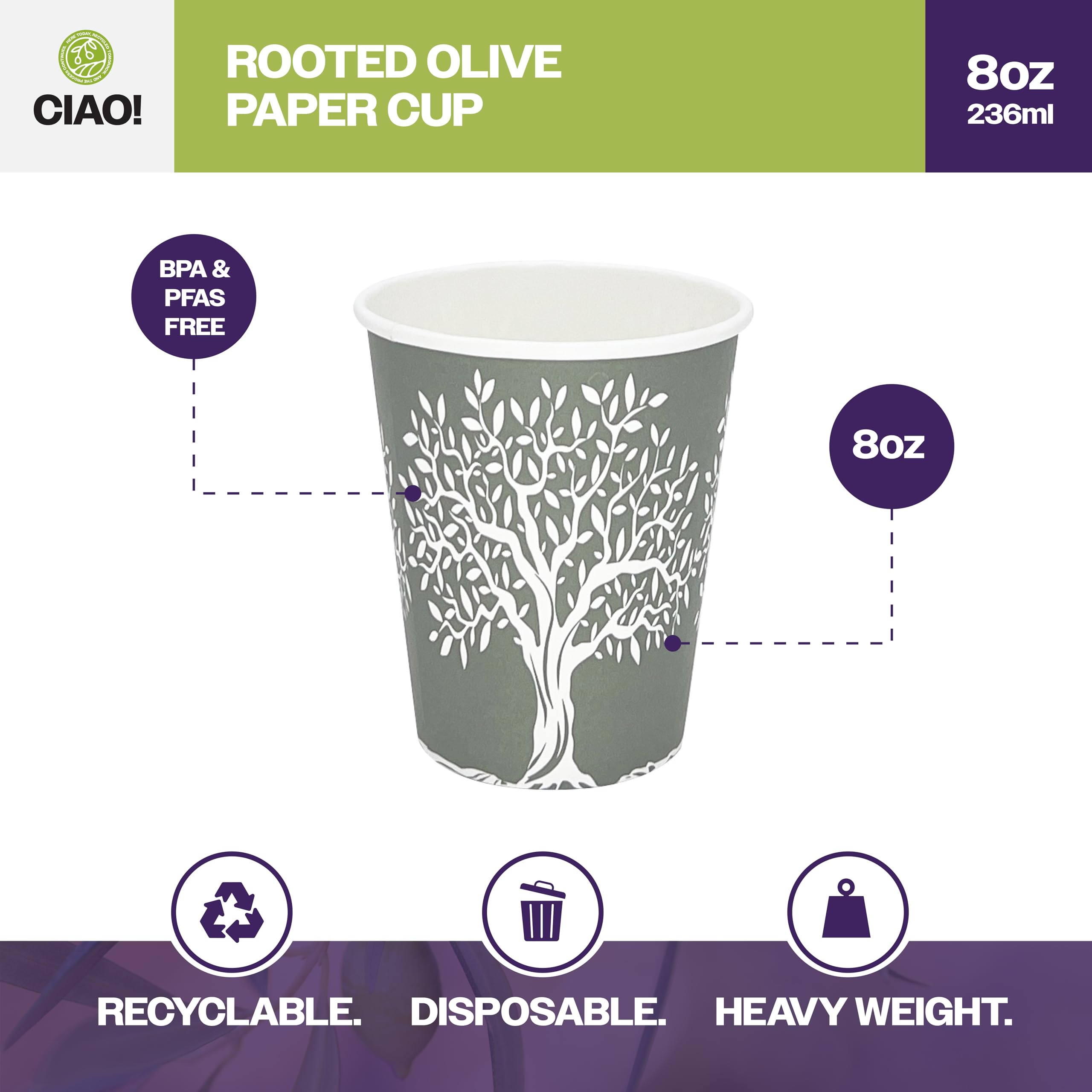 CIAO! 8oz Paper Hot Cup, Rooted Olive Print, (Case of 1,000)