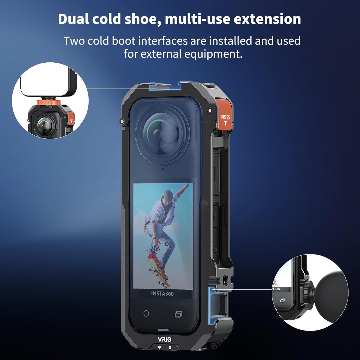 VRIG Frame Cage for Insta360 X4,Aluminum Protective Case for Insta360 X4 with Silicone Lens Cover, Built-in Cold Shoe and 1/4" Threads