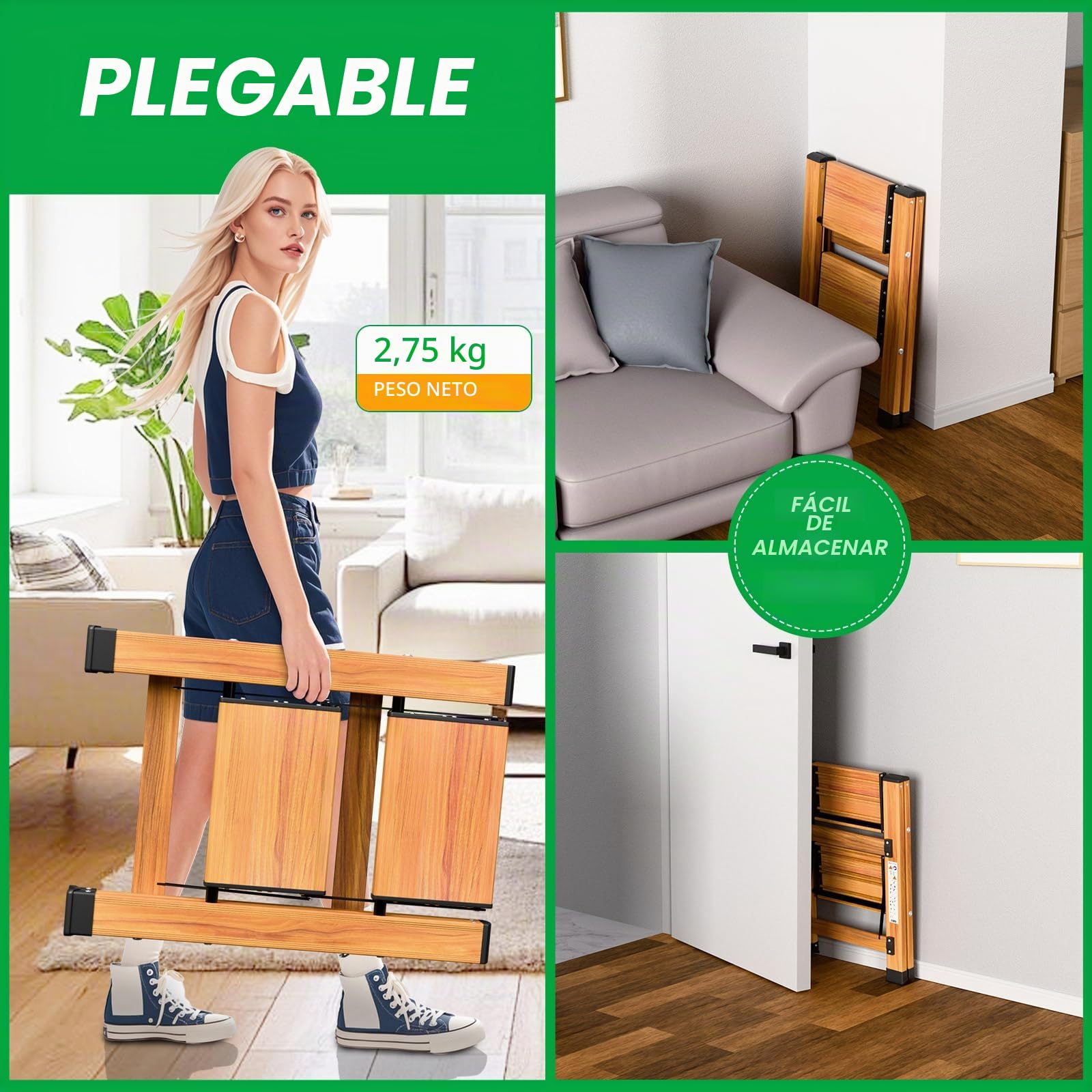 Escalera plegable de aluminio de 2 peldaños, antideslizante, escalera multifunción portátil con diseño de vetas de madera, soporta hasta 150 kg para cocina, baño y camping