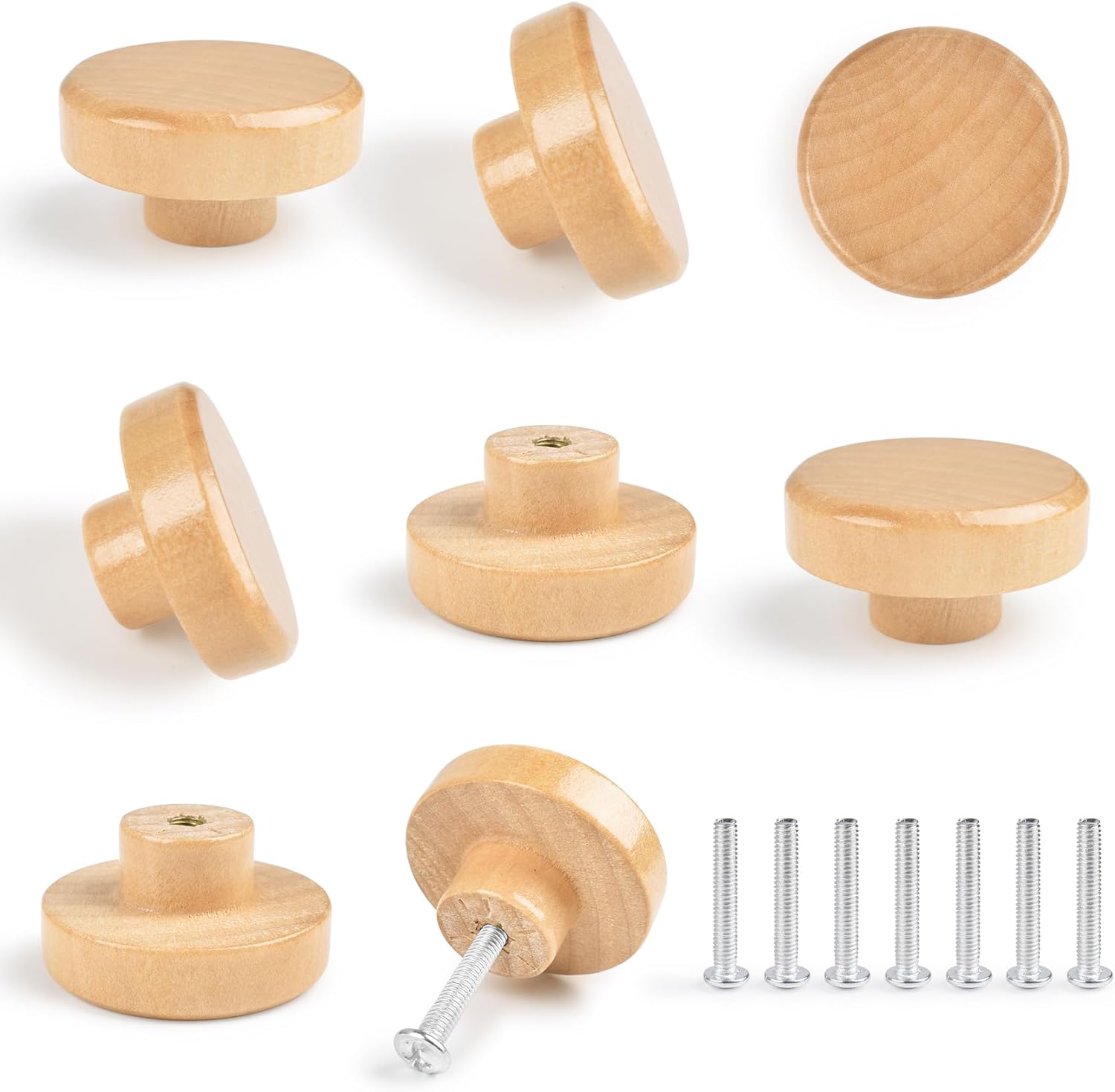 Wooden Drawer Knobs, 8 PCS Wooden Knobs for Dresser, Flat Top Round
