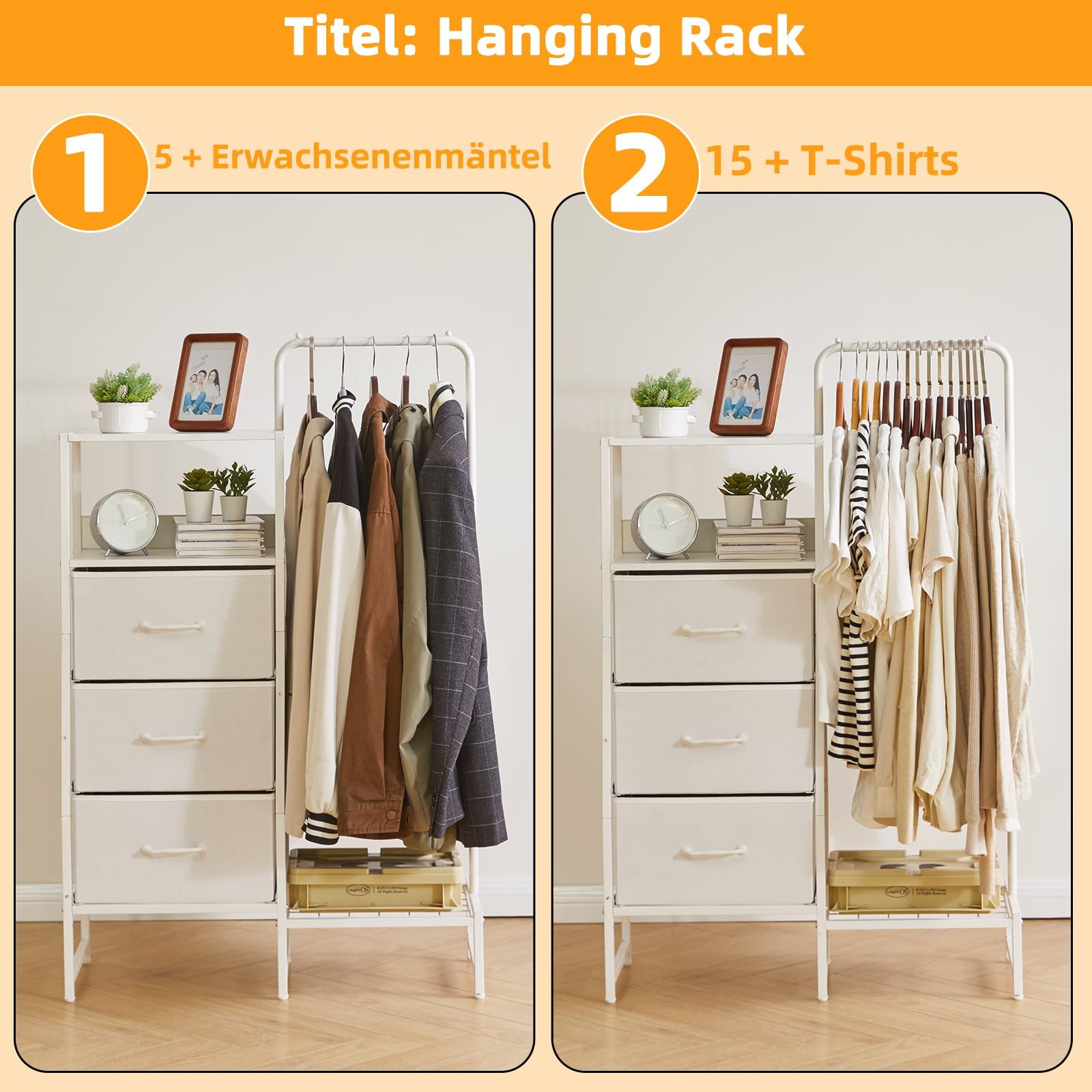 Aibiju Stoffkommode fürs Schlafzimmer, Stoffschubladenschrank mit Regalen und Kleiderstange, wendbarer Kleiderbügel für Flur, Eingangsbereich, Schlafzimmer, Wohnzimmer, Weiß YD-TM081W