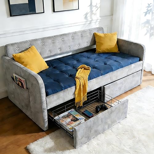 VINGLI Twin Size Daybed with 2 Storage Drawers and Pockets, Chenille Fabric with Diamond Buttons, Upholstered Comfy Sleeper Couch Sofa Bed for Living Room, Movie Room, Bedroom, Gray