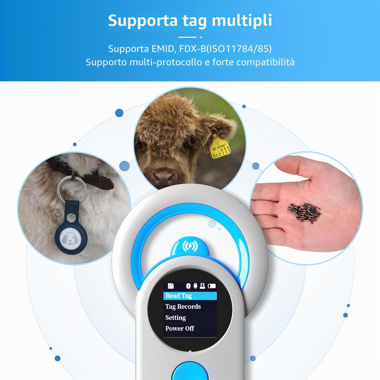 NetumScan Bluetooth Pet Microchip Scanner Reader RFID EMID, scanner portatile 3 in 1 2048 Tag Data Storage Animal Tag Scanner con schermo TFT, 1200mAh per ISO 11784/11785, FDX-B e ID64 RFID DJ-130