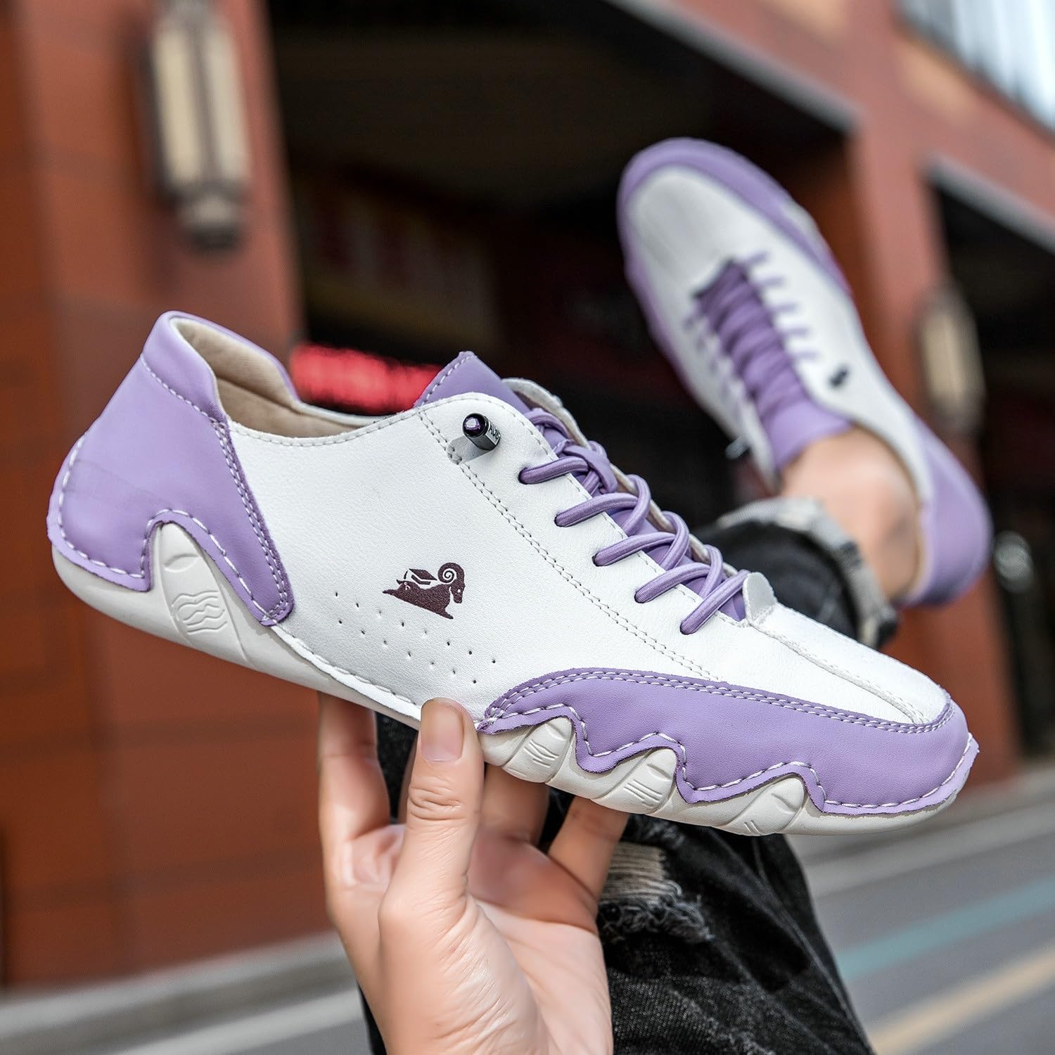 Italian Handmade Low Beck Shoes for Men Women, Non-Slip Breathable Retro Color Blocked Fashion Sneakers Outdoor Lightweight Slip on Barefoot Casual Shoes for Hiking & Driving ( Color : White+purple ,