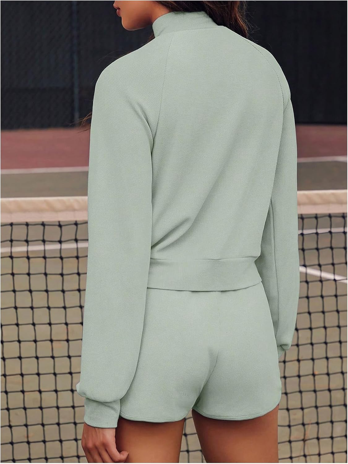 OYOANGLE Women's 2 Piece Tennis Sets Long Sleeve Top Mini Short Workout Sets Solid Casual Sports Outfits