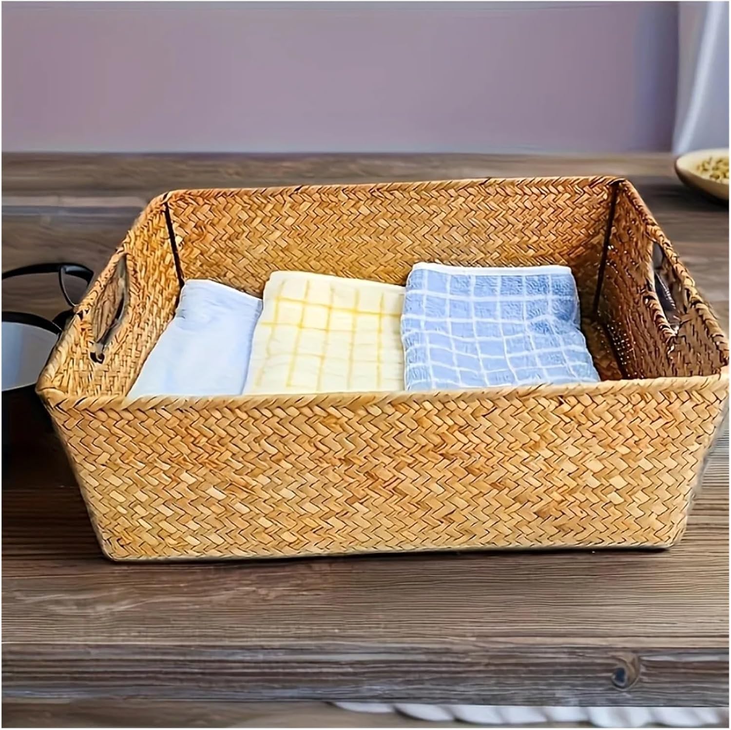 Handwoven Storage Basket Rectangular Woven With Handles For Home Closet