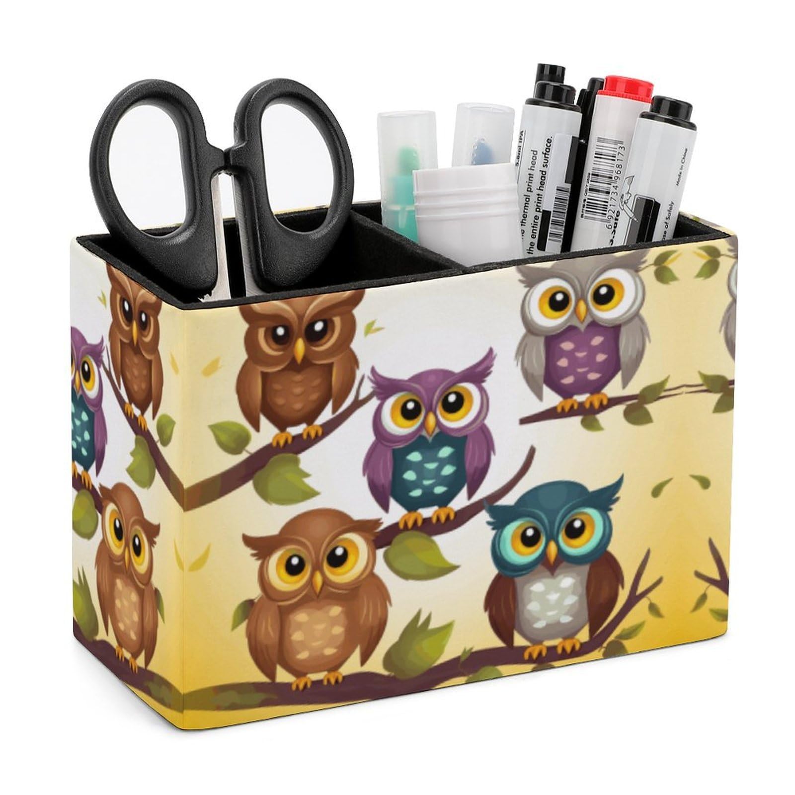 LZQPOEAS Exquisite Patterns PU Leather Pen Holder, Multifunctional Desktop Organizer Caddy with 2 Compartments, Owls Birds Pencil Cup Makeup Brush Holder for Office Home