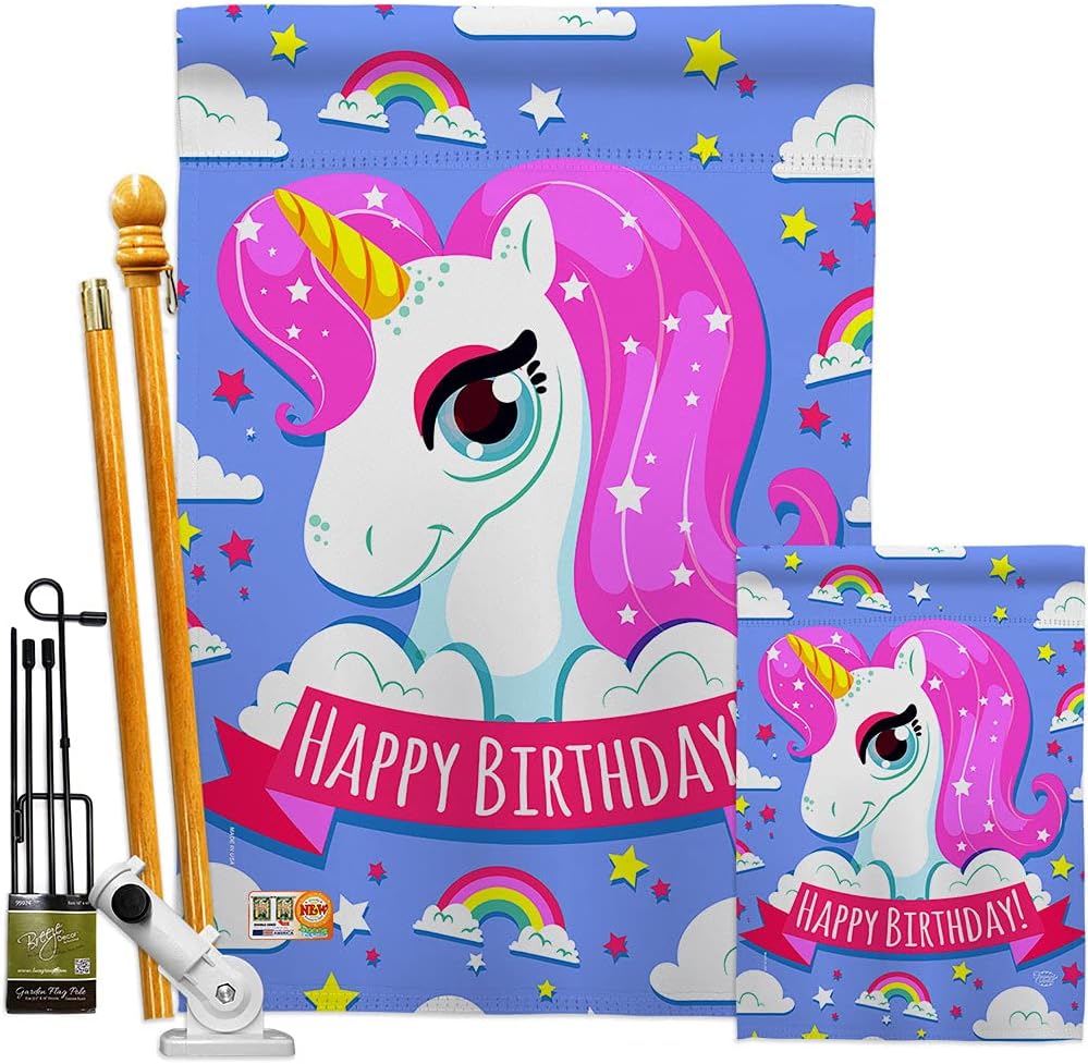 Magical Unicorn Birthday House Flag Celebration Cake Gift Present Candy Bouquet Occasion Anniversary Party Small Decorative Yard Banner Double-Sided Made In USA 28 X 40