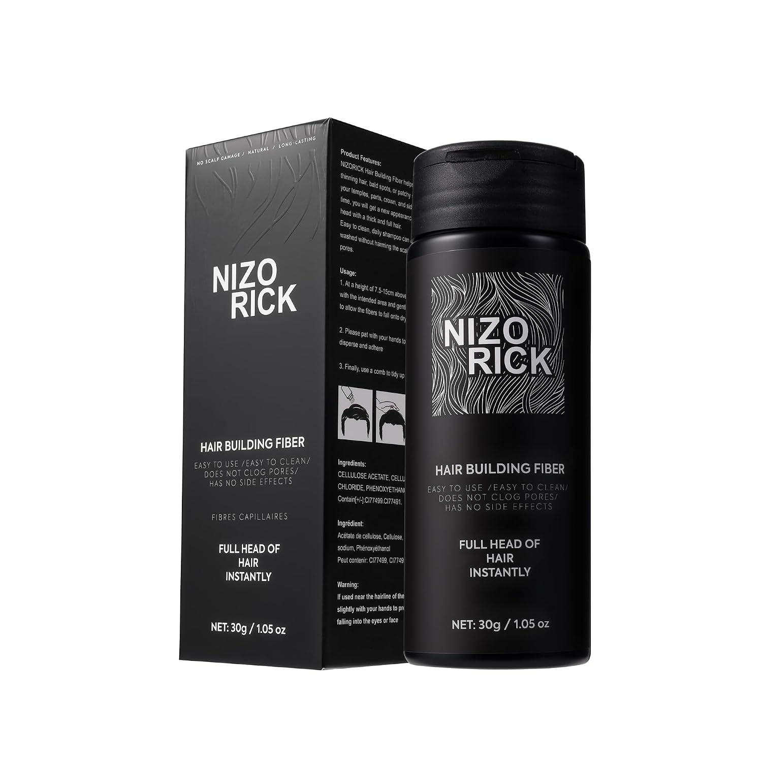 Hair Fibers for Thinning Hair,Hair Building Fibers Instantly Thicker & Fuller Look,Conceals Hair Loss Fill In Fine Hair Powder for Women and Men(30g/1.05oz) (Black)