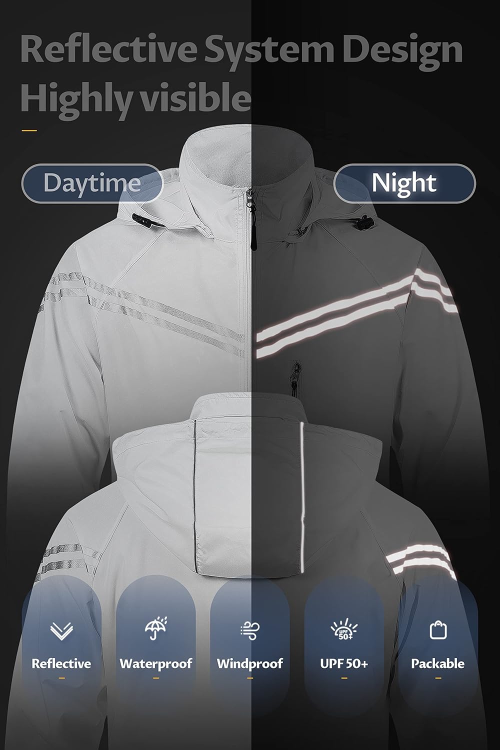 CREATMO US Men's Packable Waterproof Running Rain Coats Reflective Cycling Jacket Windbreaker With Removable Hood - Image 2