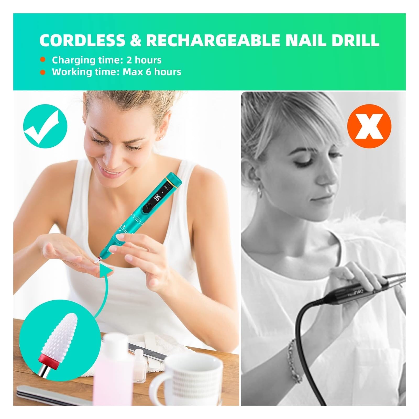Nagelfräser, 35000RPM Elektrische Nagel Bohrer Maschine Cordless Wiederaufladbare for Gel Polieren Stift Salon Ausrüstung(35000RPM Green Set)