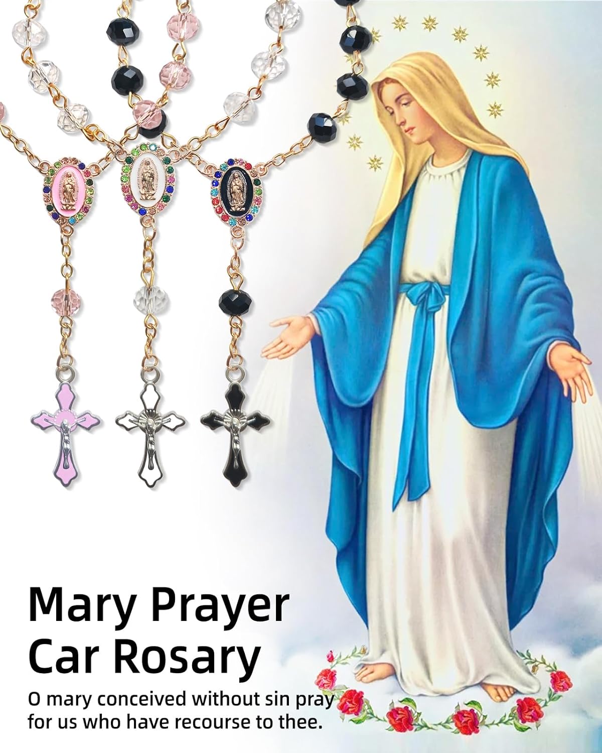 Car Rosary for Rearview Mirror Hanging - Catholic Religious Devout Gift with Virgin Mary Charm and Crucifix, Ideal Catholic Rosary Gifts for Men & Women - Image 3