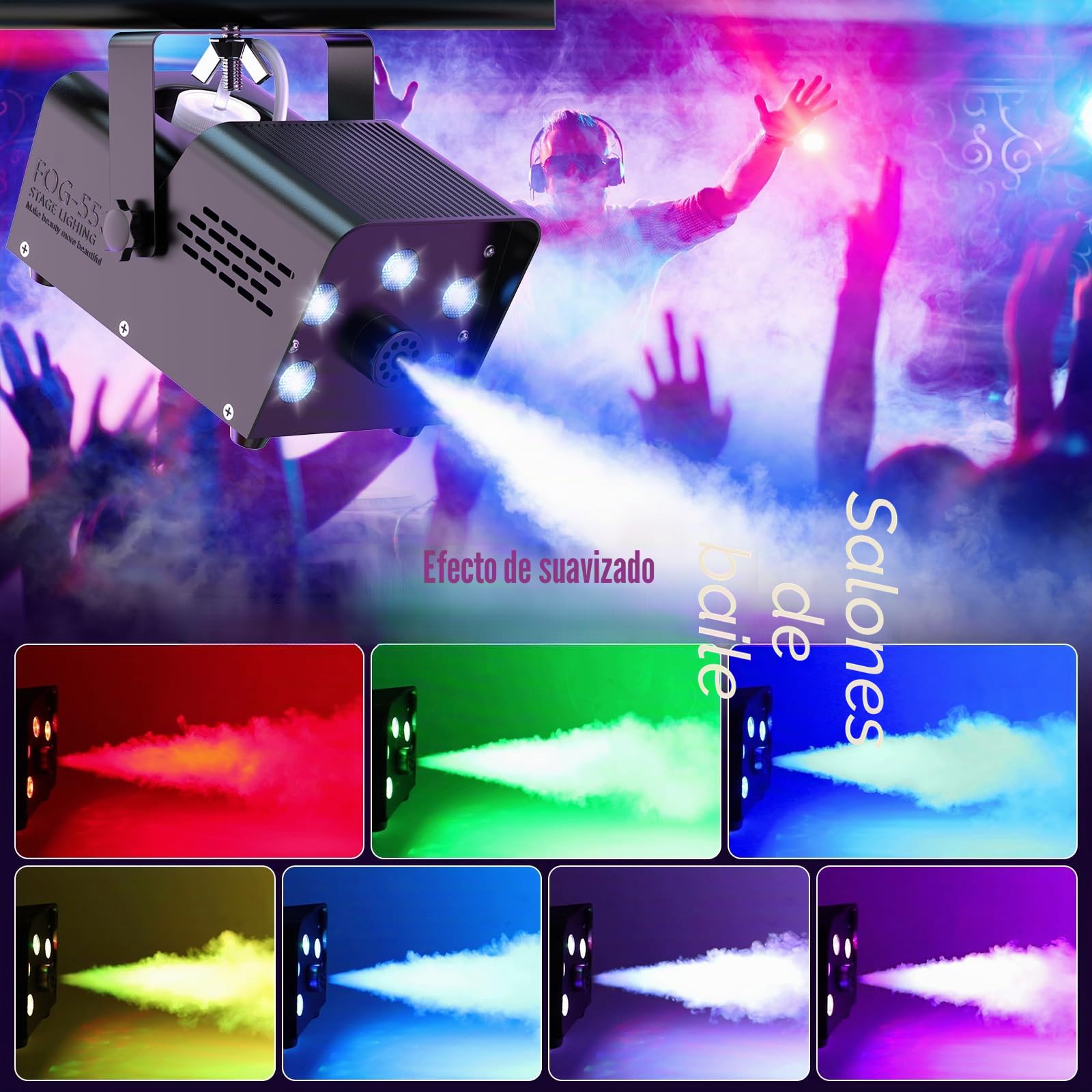 Máquina De Humo, Mini Máquina De Humo de 500 W con 5 Luces LED, Máquina De Humo con Efecto RGB con Control Remoto Inalámbrico para Fiestas De DJ,Presentaciones en El Escenario y Halloween/Navidad