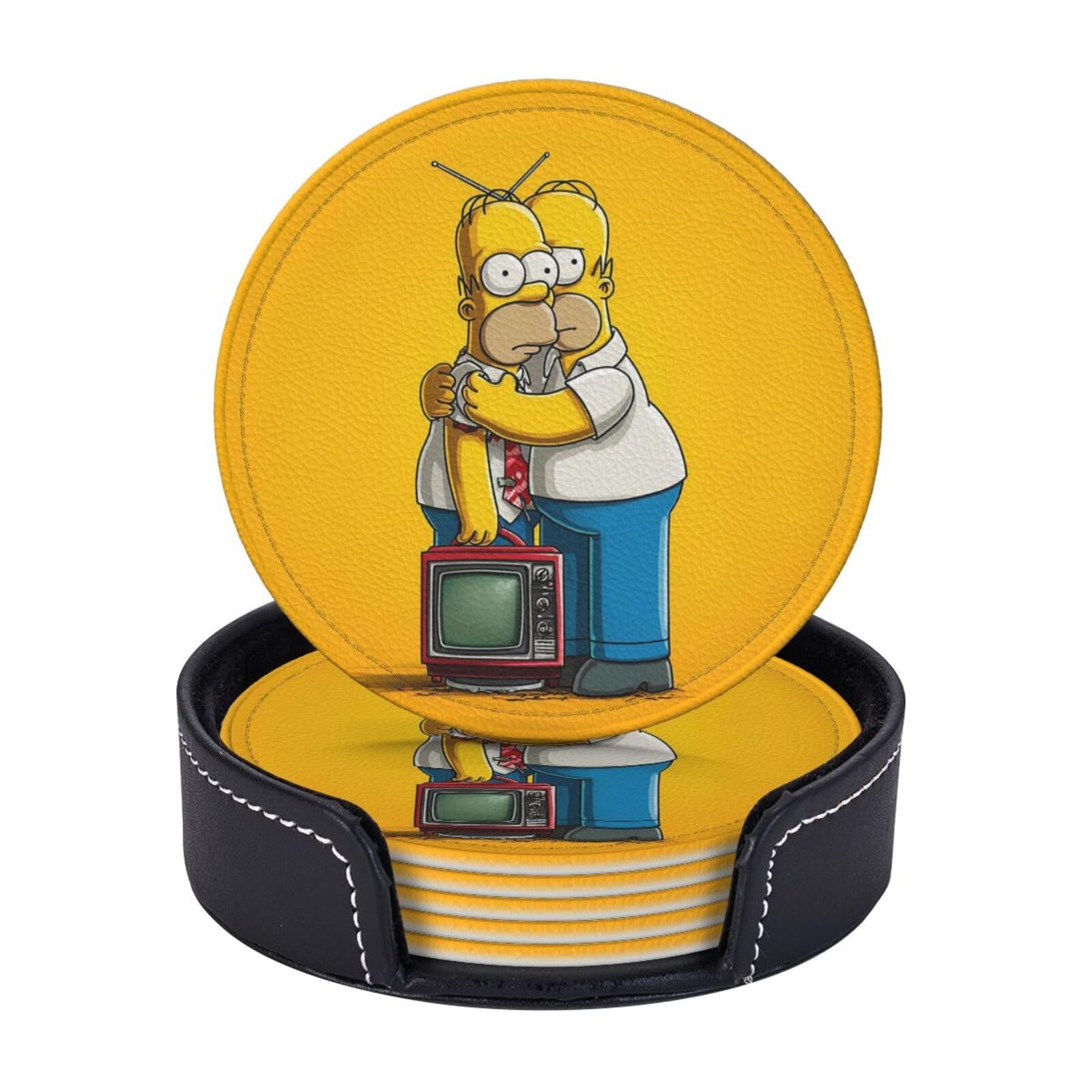 Coasters Set of 6 Leather Drink Coasters with Holder Simpsons Coasters for Drinks Heat Resistant Coaster Round Coffee Cup Mat Pad for Kitchen Office Home Decor
