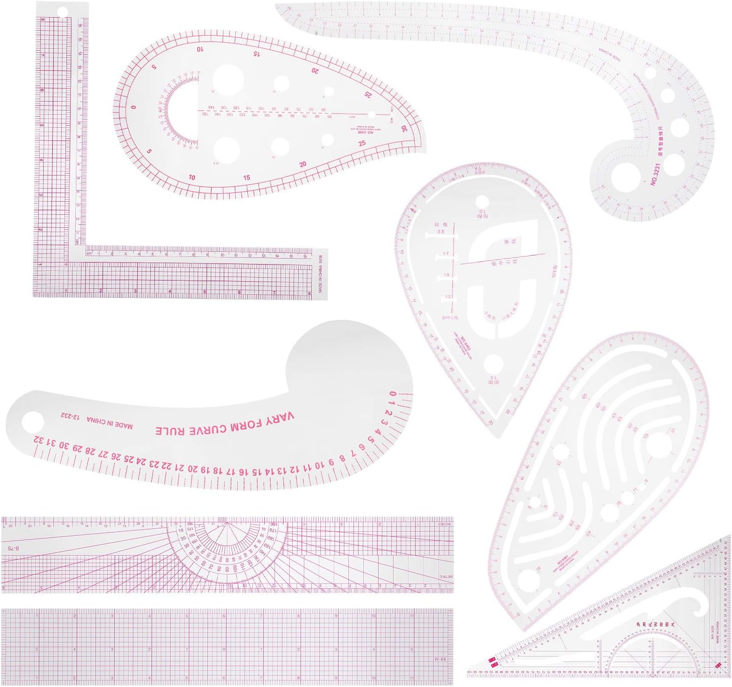 9pcs Sewing Ruler Set, French Curve Comma Ruler Drafting Drawing Template Sewing Measuring Tools for Pattern Making, Dressmaking, Fashion Design