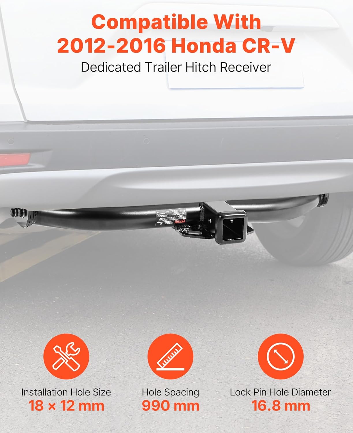VEVOR Class 3 Trailer Hitch, 2-Inch Receiver, 6000 lbs, Q345B Steel Tube Frame, Compatible with 2012-2016 Honda CR-V, Multi-Fit Hitch to Receive Ball Mount, Cargo Carrier, Bike Rack, Tow Hook, Black