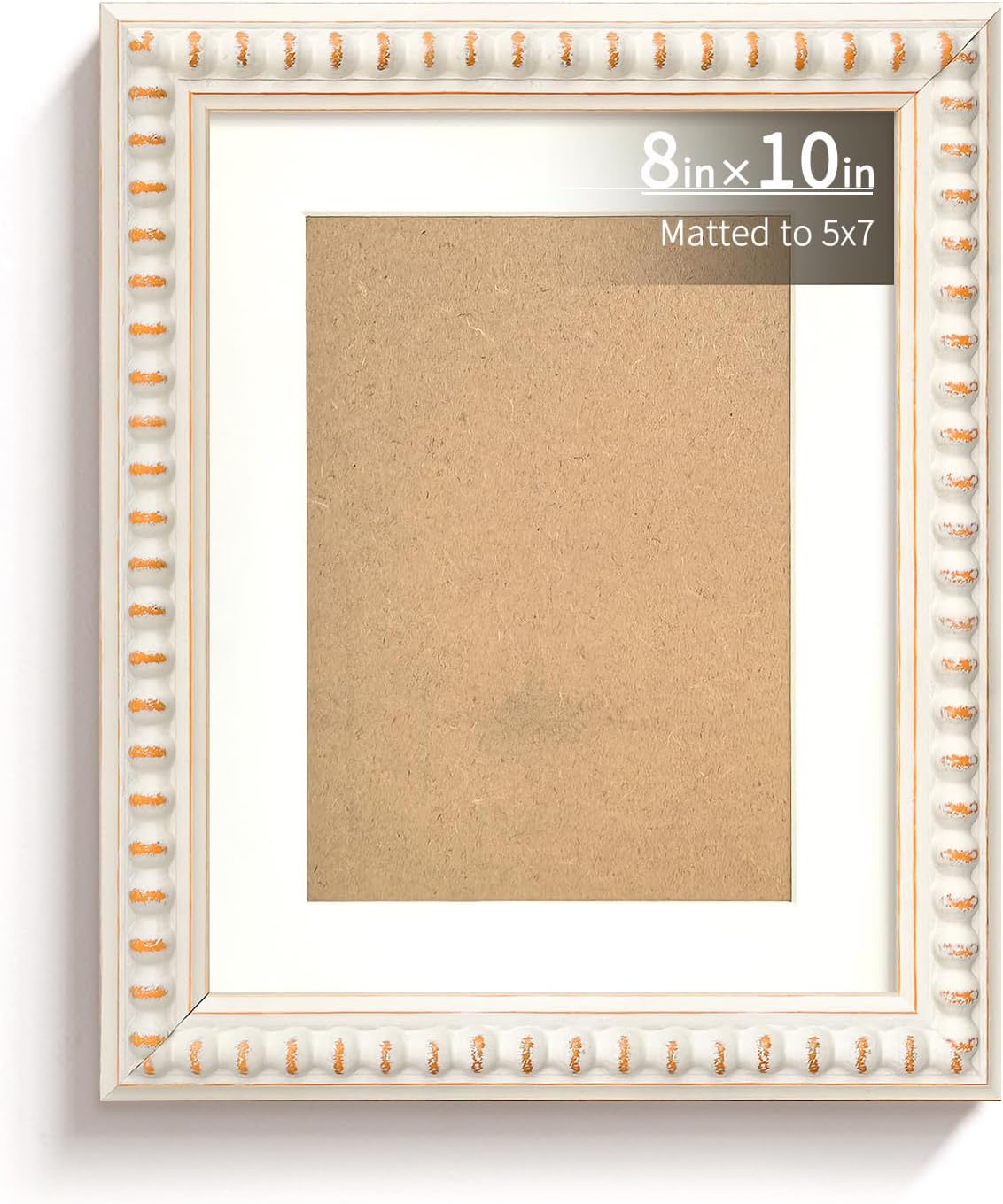 BWPFRAME 8x10 Picture Frame Matted to 5x7, Modern Style, Solid Wood, White Frame with Beaded Edge,Hand Carved, Plexiglass and Backer Included, Wall Display Frame for Photos and Prints
