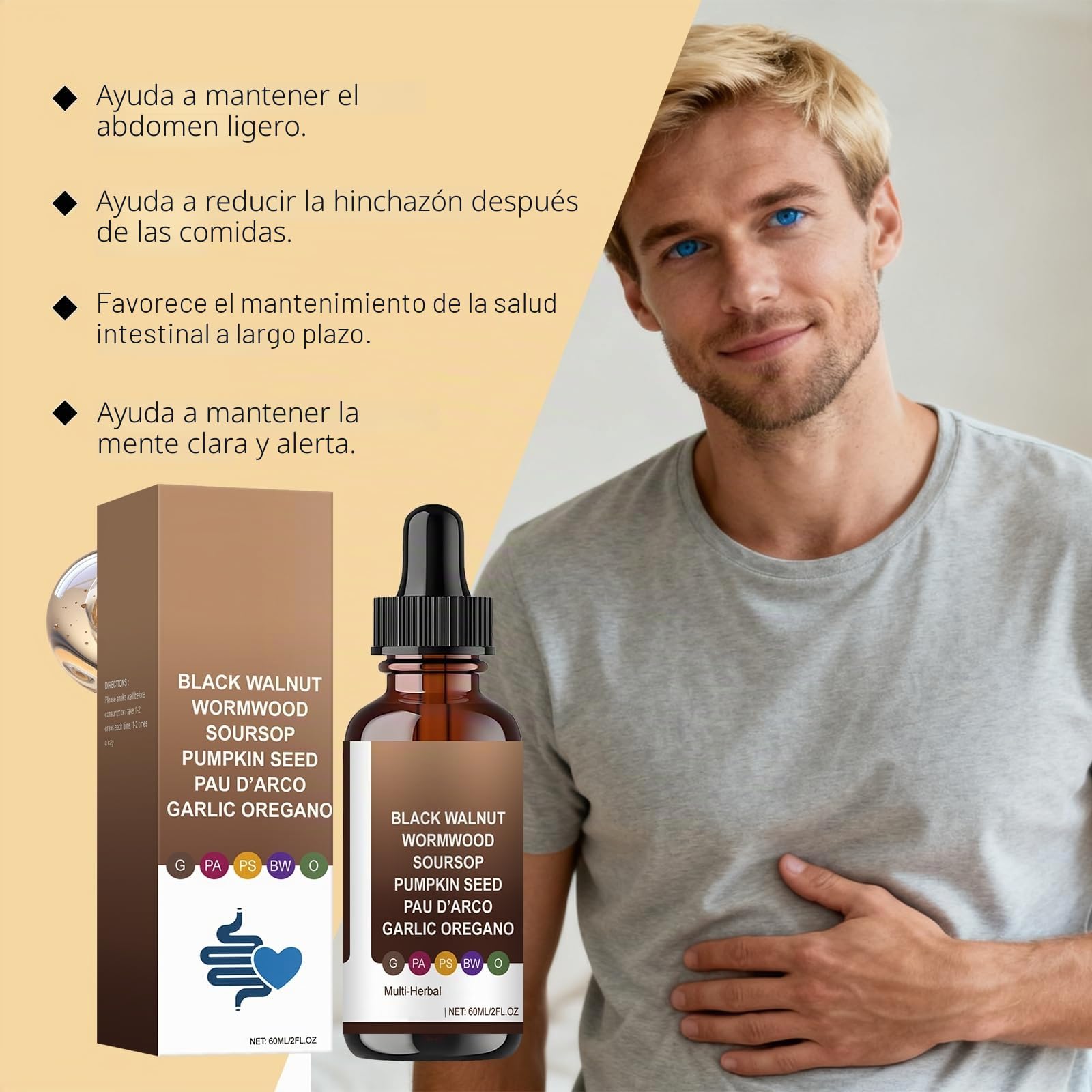 Limpieza intestinal con ajenjo y nogal negro | Favorece la digestión, la energía, la absorción y el intestino | Fórmula suave, vegana y sin OMG | 60 ml/2 onzas líquidas,3PCS