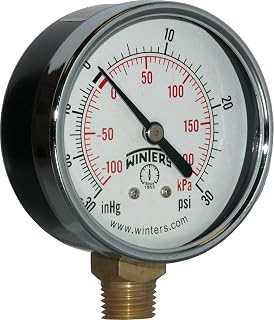Winters 2-1/2 inch Dial Size, Multi Function Economy Utility Dry Pressure Gauge, Brass Internals, Steel Case, Dual Scale 30 inch Hg-15 psi/kPa, 3-2-3% Acc, 1/4" NPT Bottom Mount, Vacuum Pressure Gauge