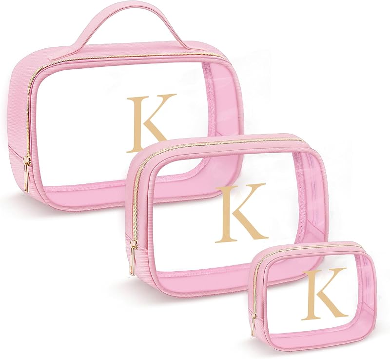 Necessaire transparente YOOLIFE com inicial, conjunto com 3, rosa, estilo K