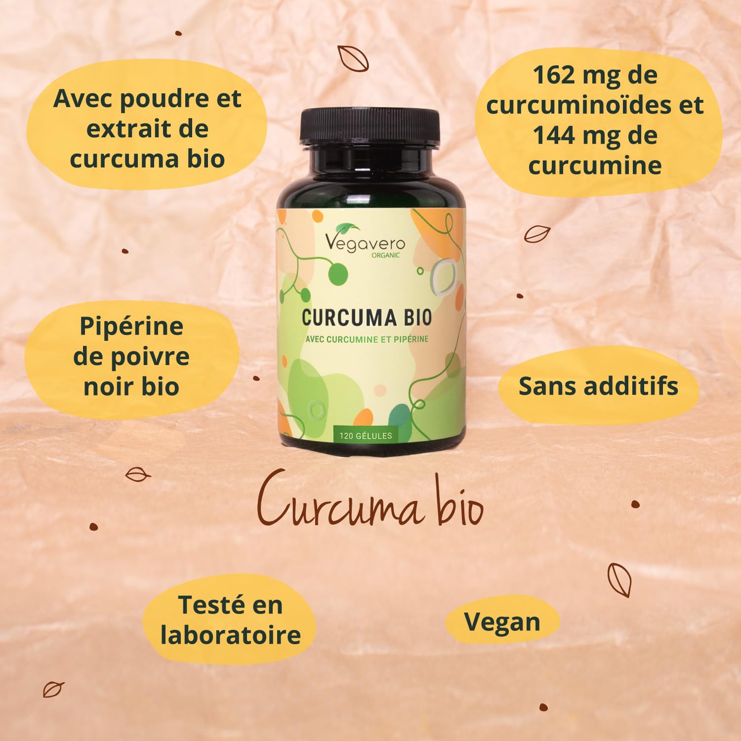 Curcuma BIO Vegavero® | Dosage Élevé | Avec Poivre Noir (Haute Absorption Curcumine) | Anti Inflammatoire | SANS ADDITIFS et VEGAN | 100% Biologique
