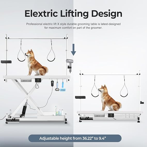 50 Electric Dog Grooming Table 9- 37 Height Adjustable Heavy Duty Professional Lift Dog Grooming Table for Large Dogs with 2 Nooses, 4in1 Comb & Nail Care Set, Blow Dryer Clip White
