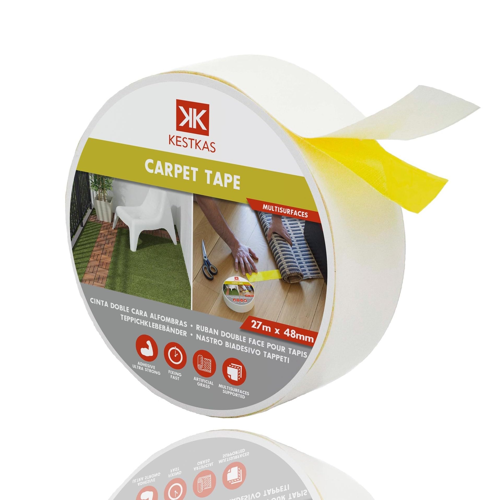 Nastro Biadesivo Extra forte Originale per Tappeti, erba sintetica 48mmFissaggio Garantito su qualsiasi superficie - per fissare quasi tutto nella vostra casa - moquette (1, Giallo)