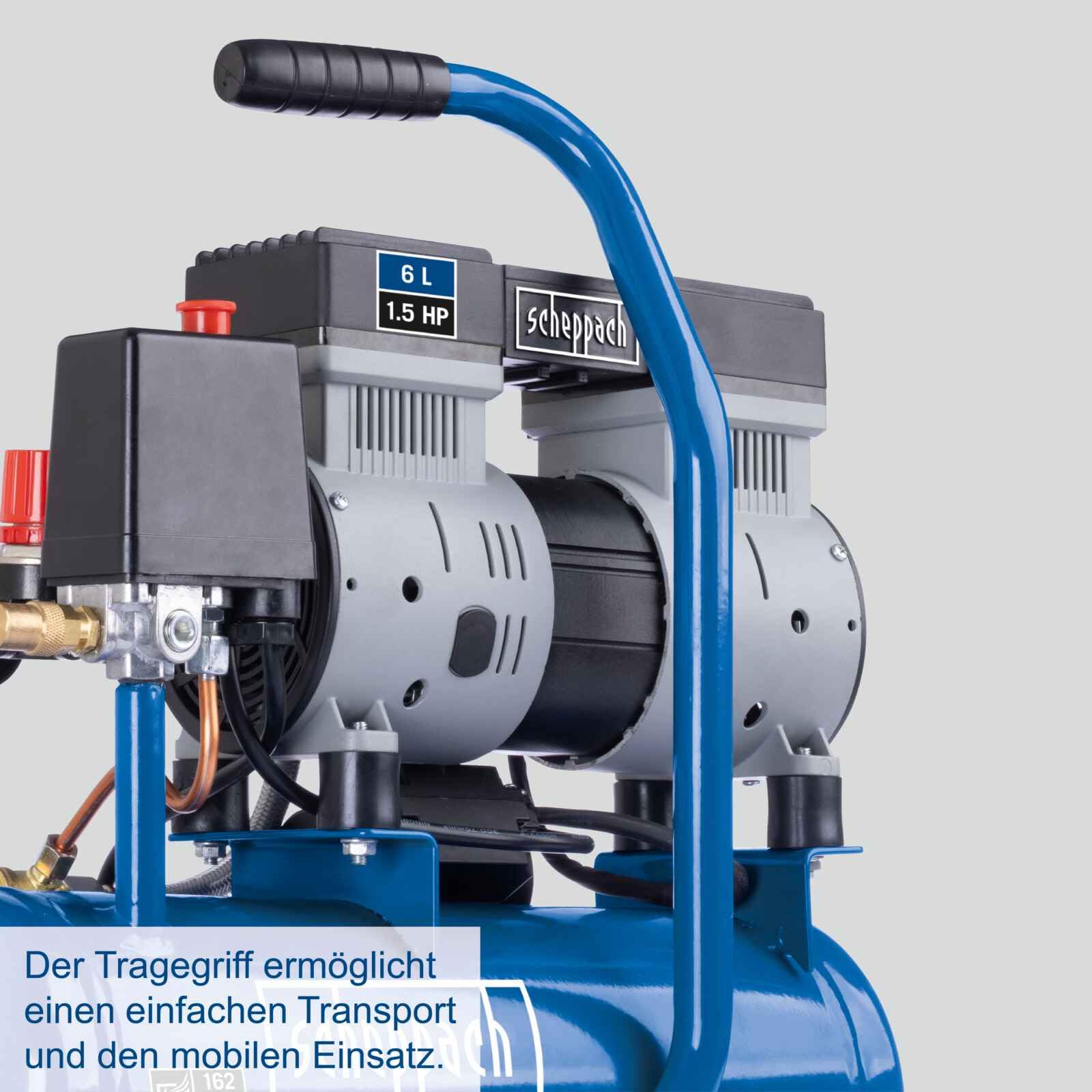 Scheppach HC08Si Compresor ultra silencioso | 8bar | 6L | 1,5CV / 1100W | Libre de aceite y mantenimiento reducido | Flujo de succión 162 L/min | Compresor silencioso
